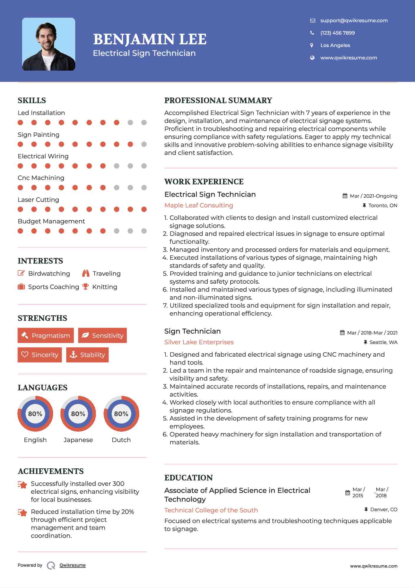 Electrical Sign Technician Resume Example