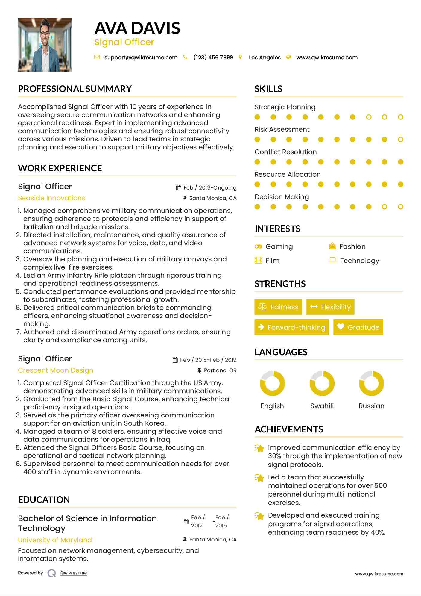 Signal Officer Resume Example