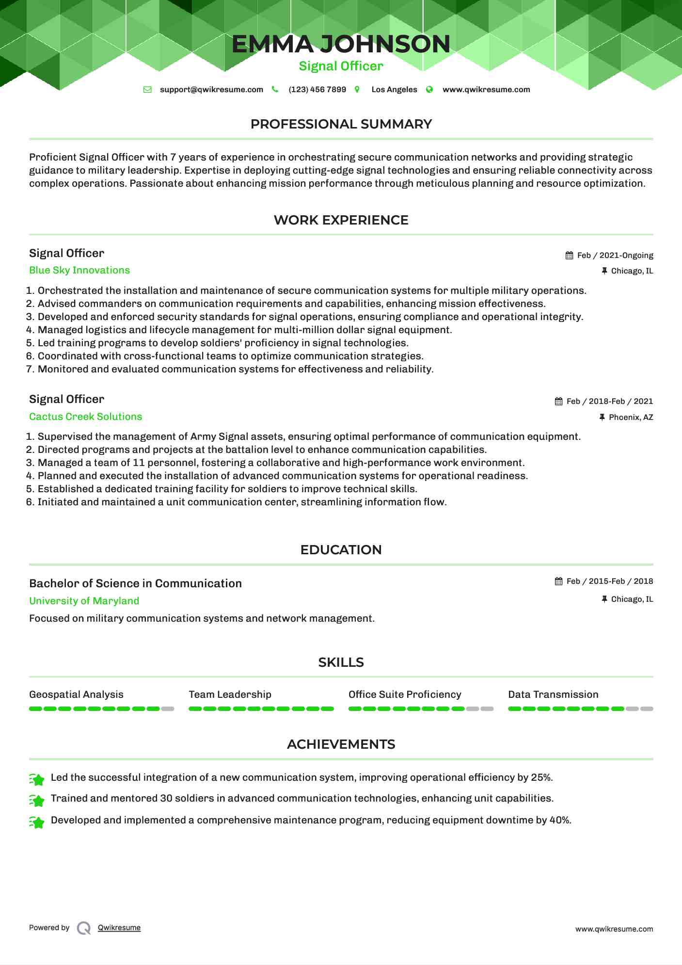 Signal Officer Resume Sample