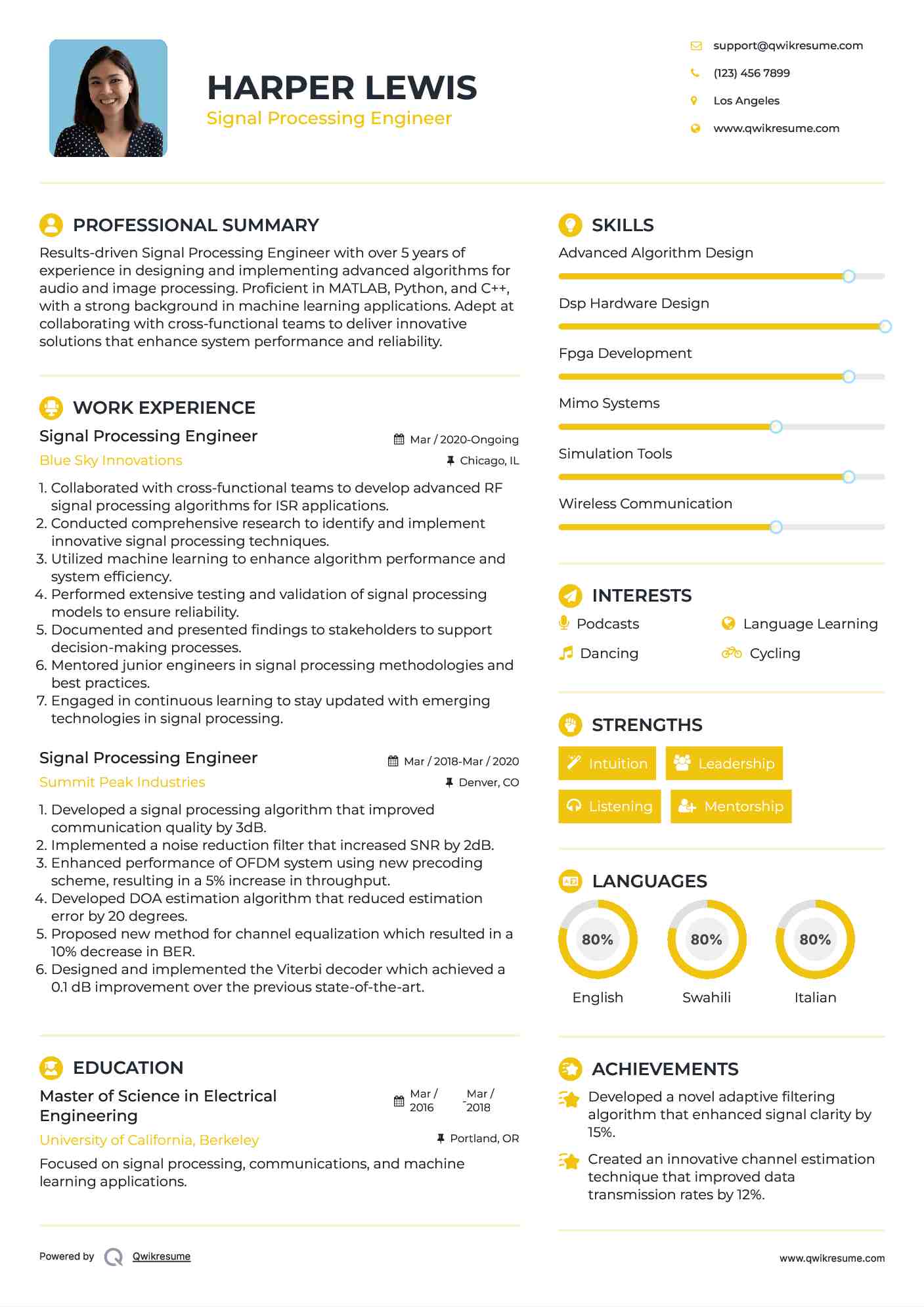 Signal Processing Engineer Resume Example