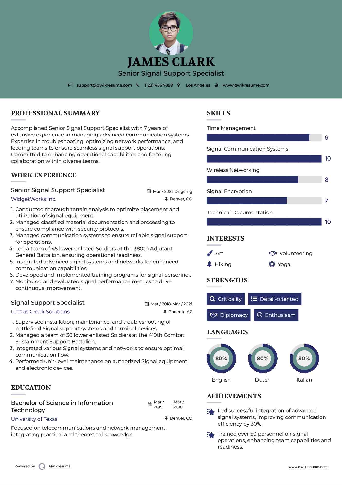 Senior Signal Support Specialist Resume Template