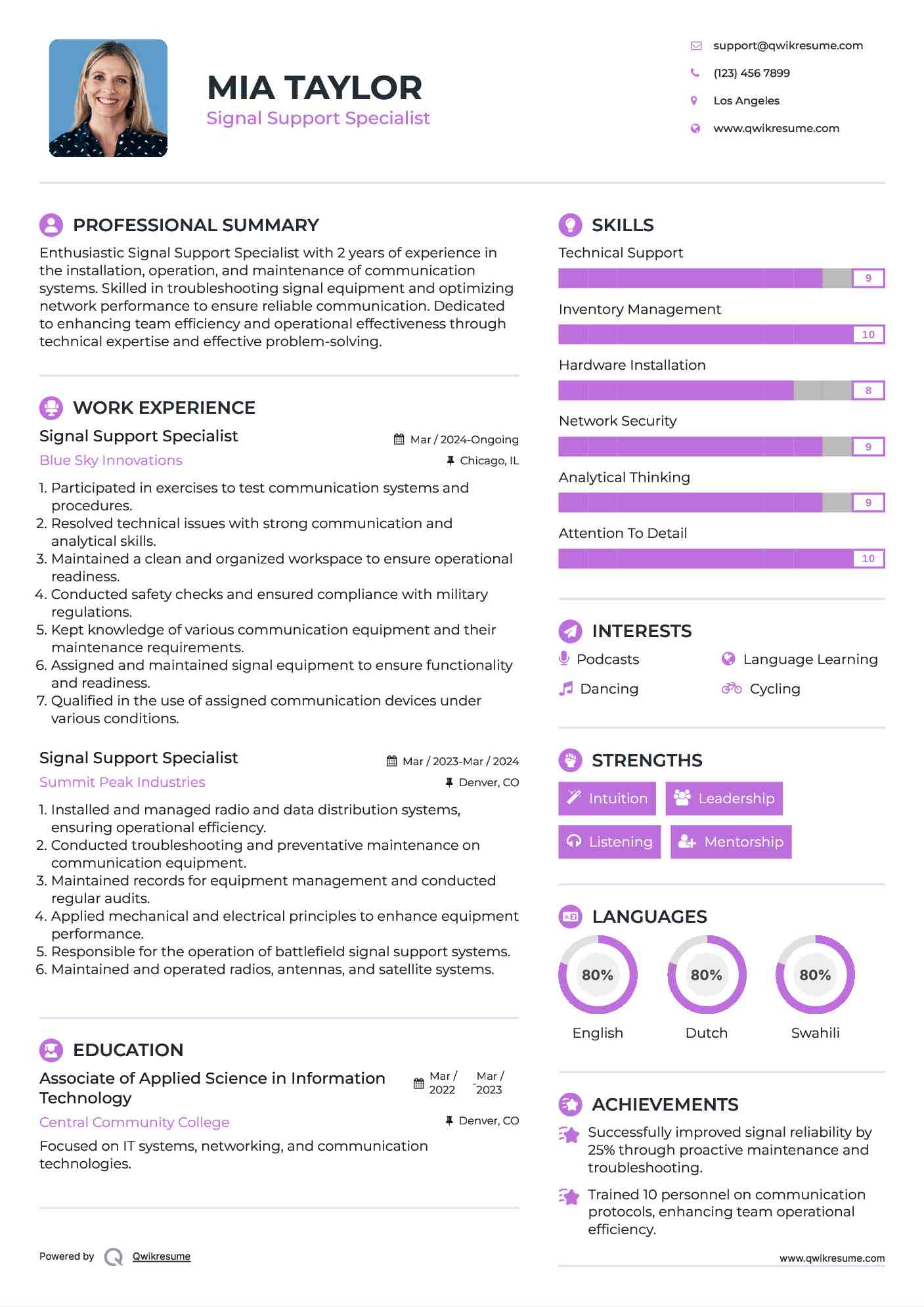 Signal Support Specialist Resume Template
