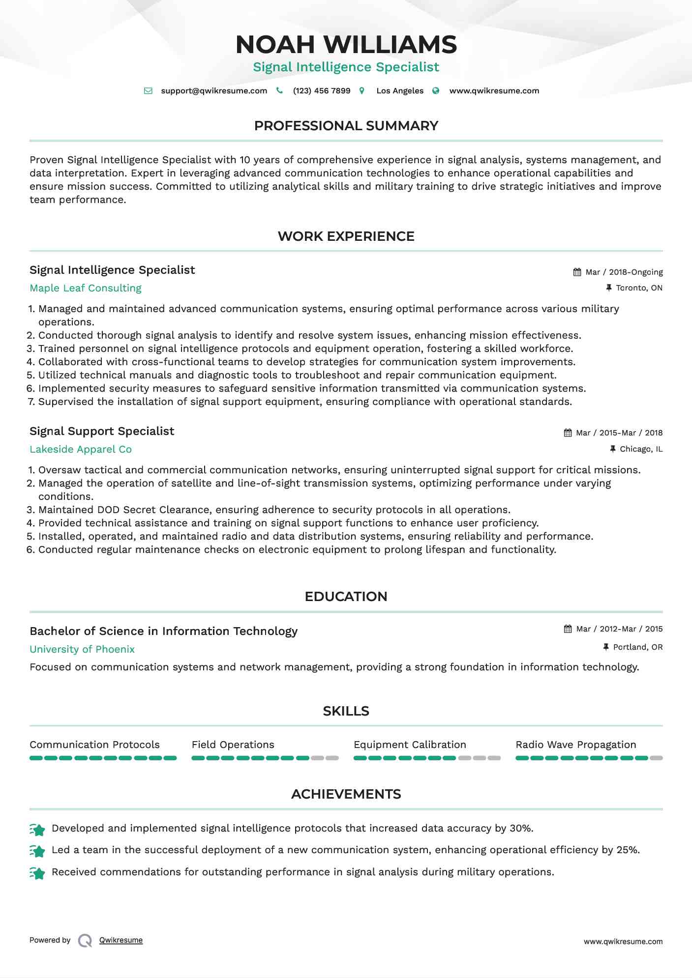 Signal Intelligence Specialist Resume Template