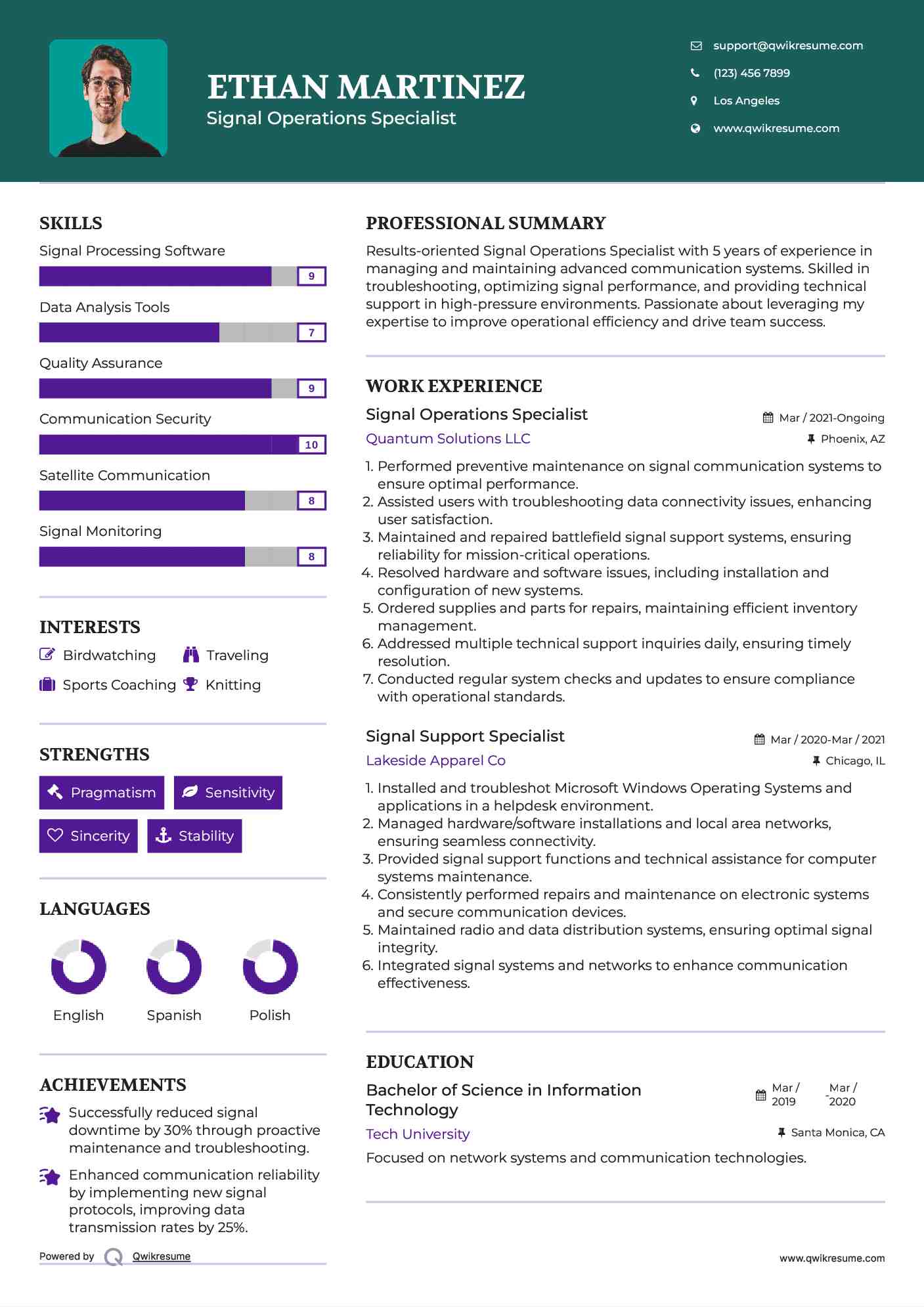 Signal Operations Specialist Resume Template