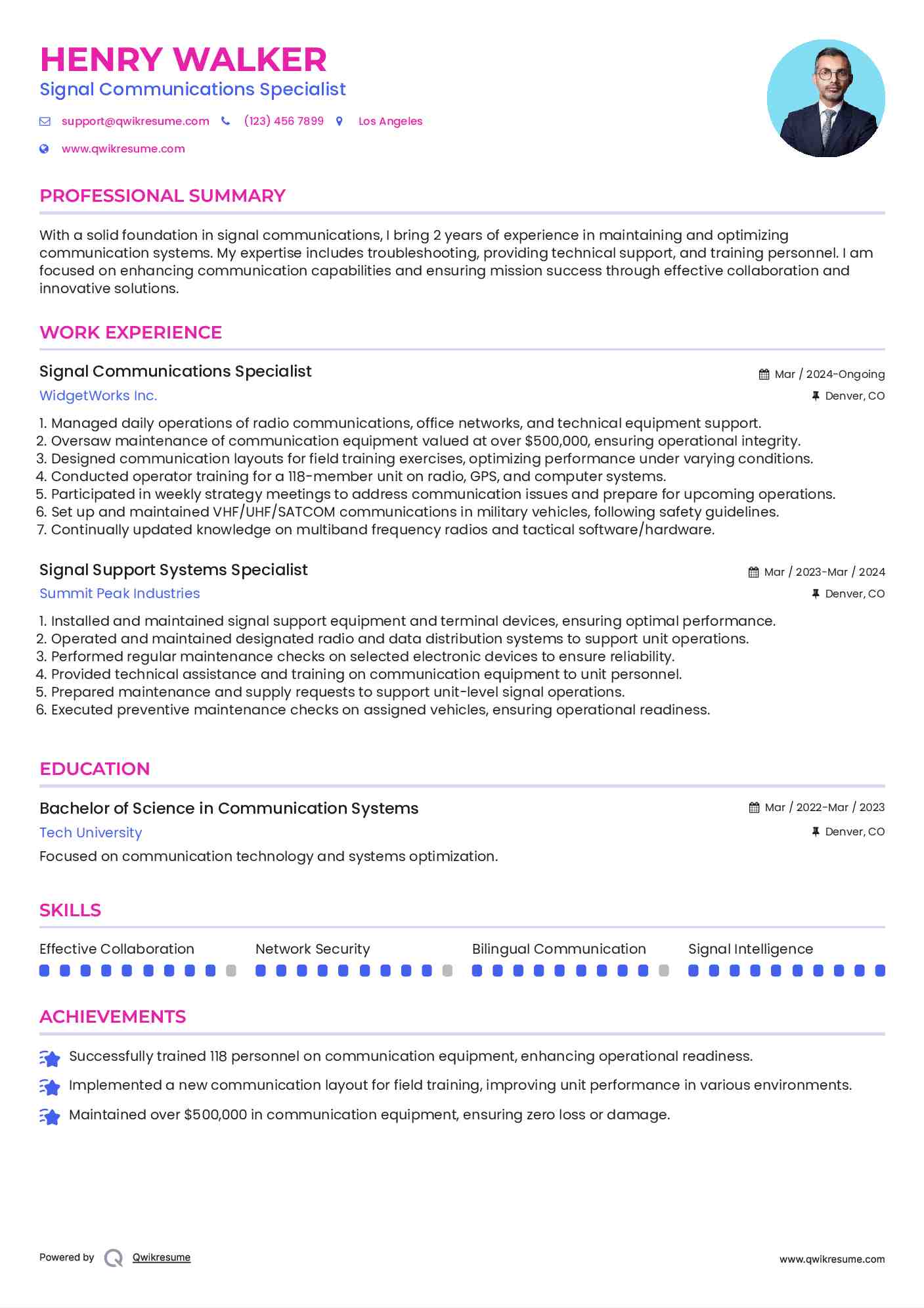 Signal Communications Specialist Resume Format