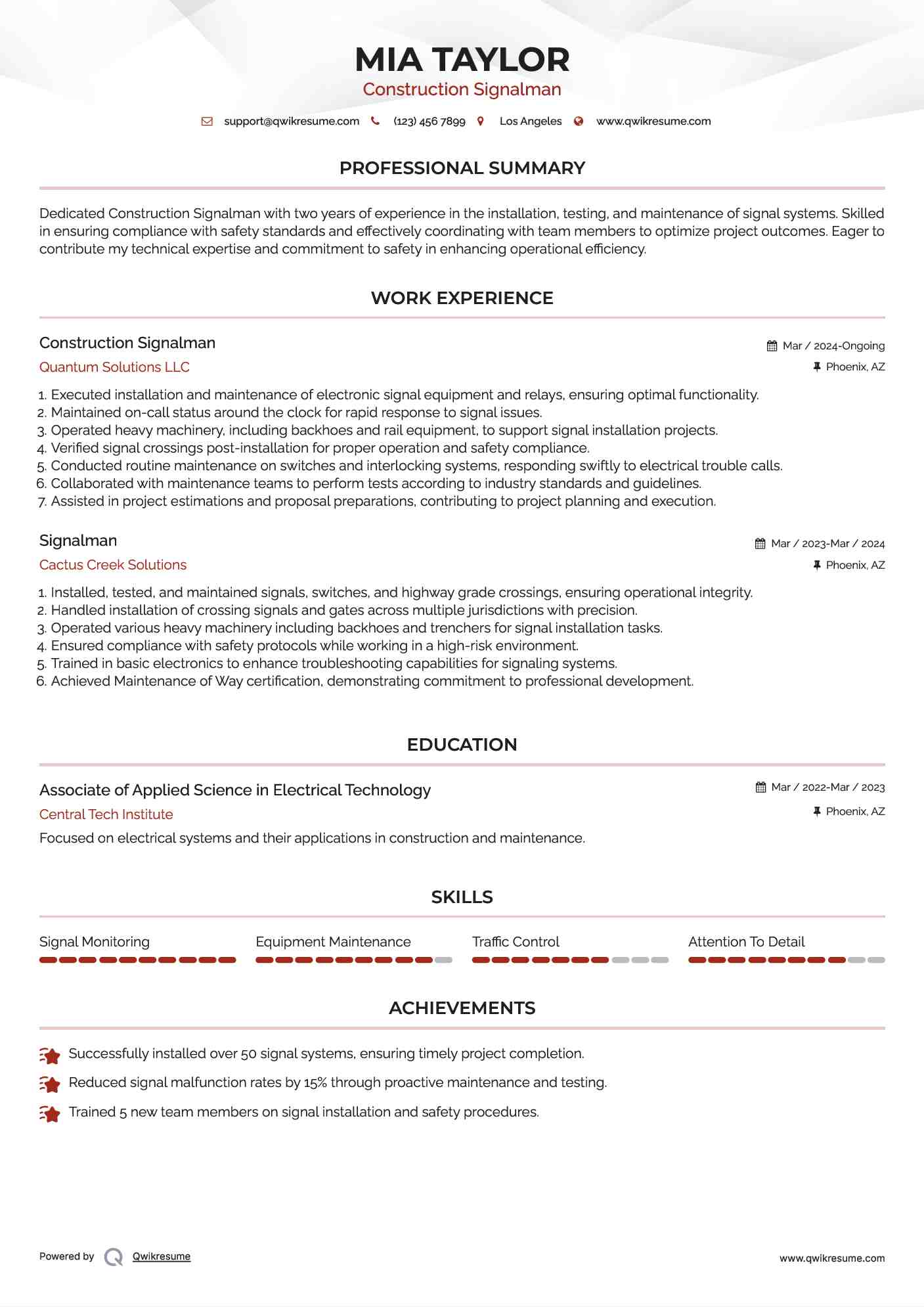 Construction Signalman Resume Example