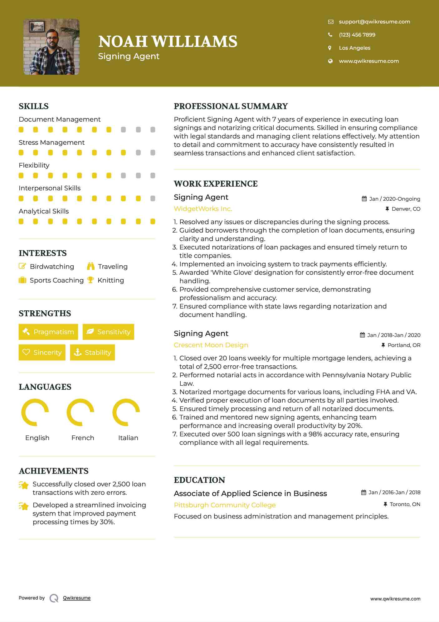 Signing Agent Resume Example