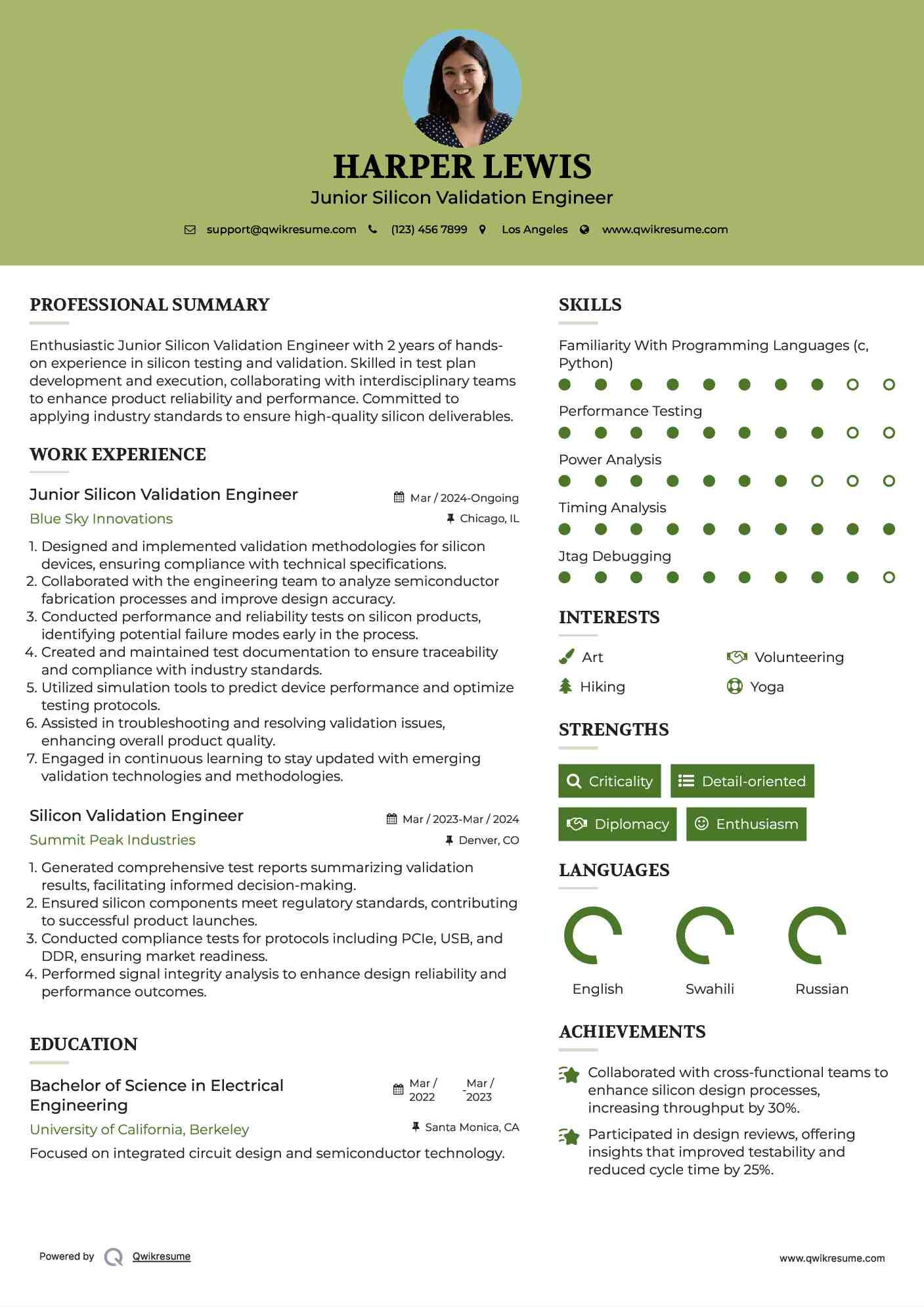 Junior Silicon Validation Engineer Resume Template