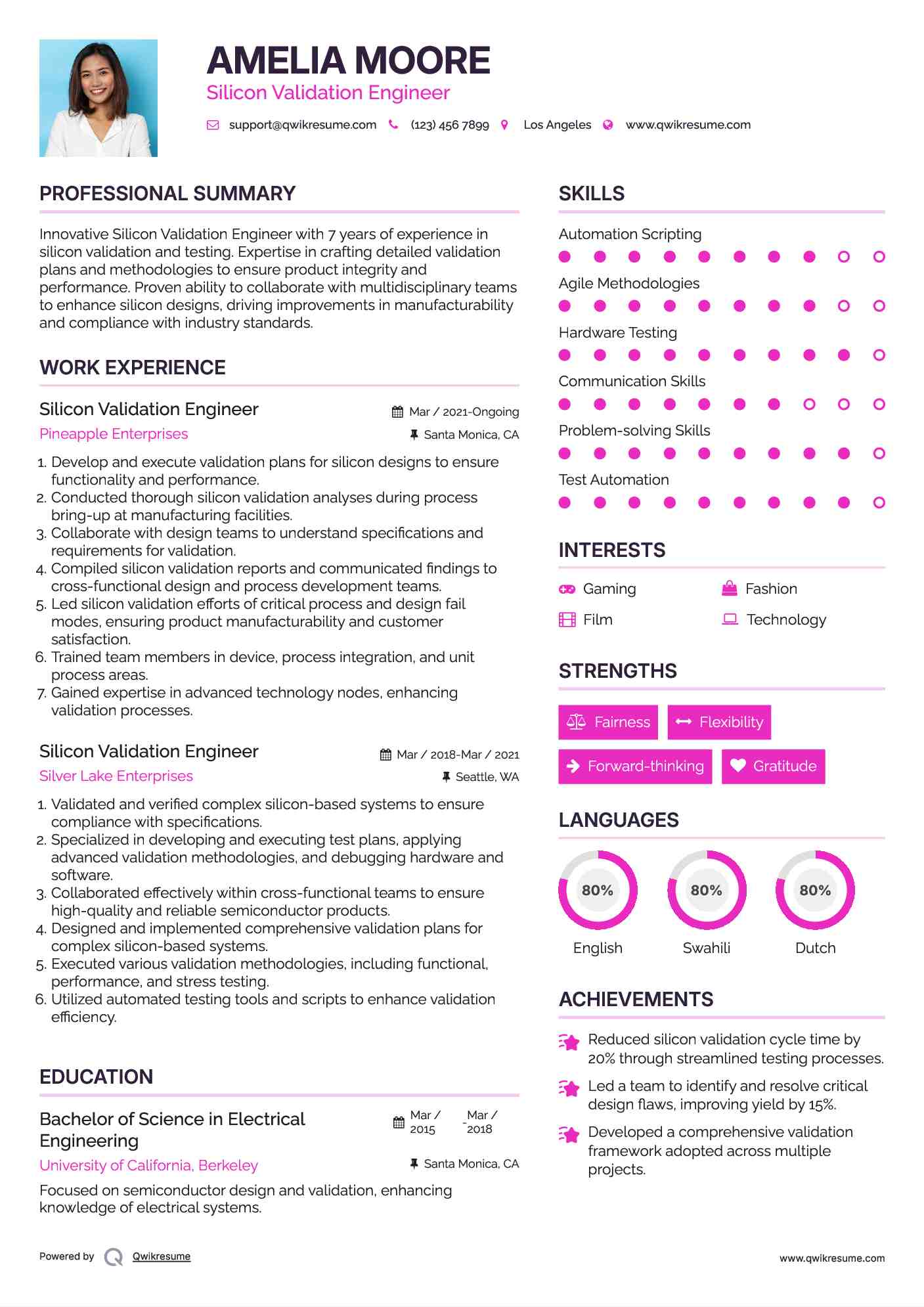 Silicon Validation Engineer Resume Sample