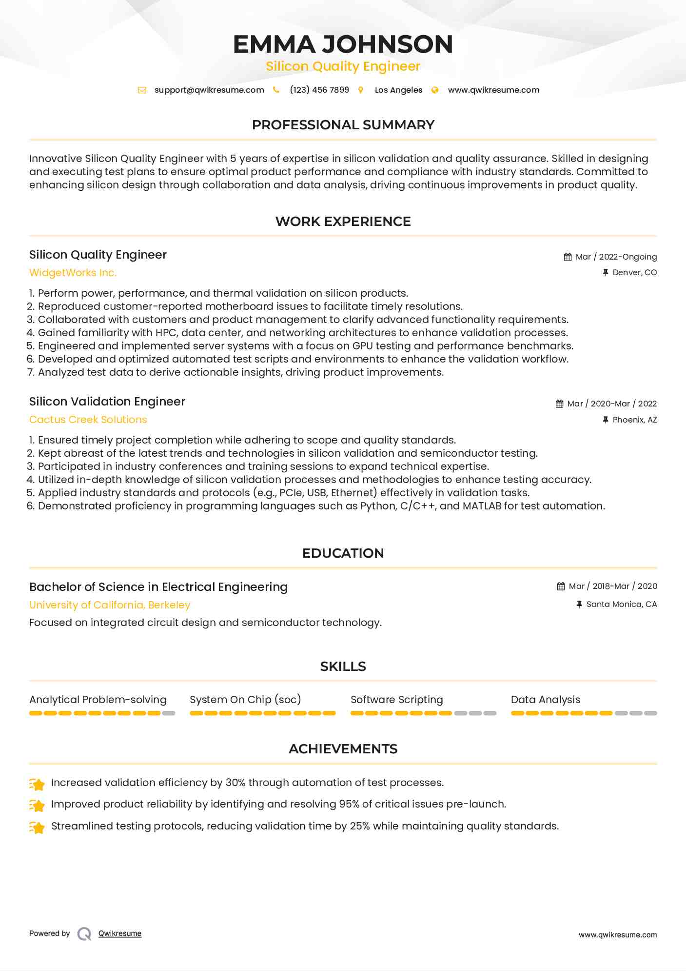 Silicon Quality Engineer Resume Template
