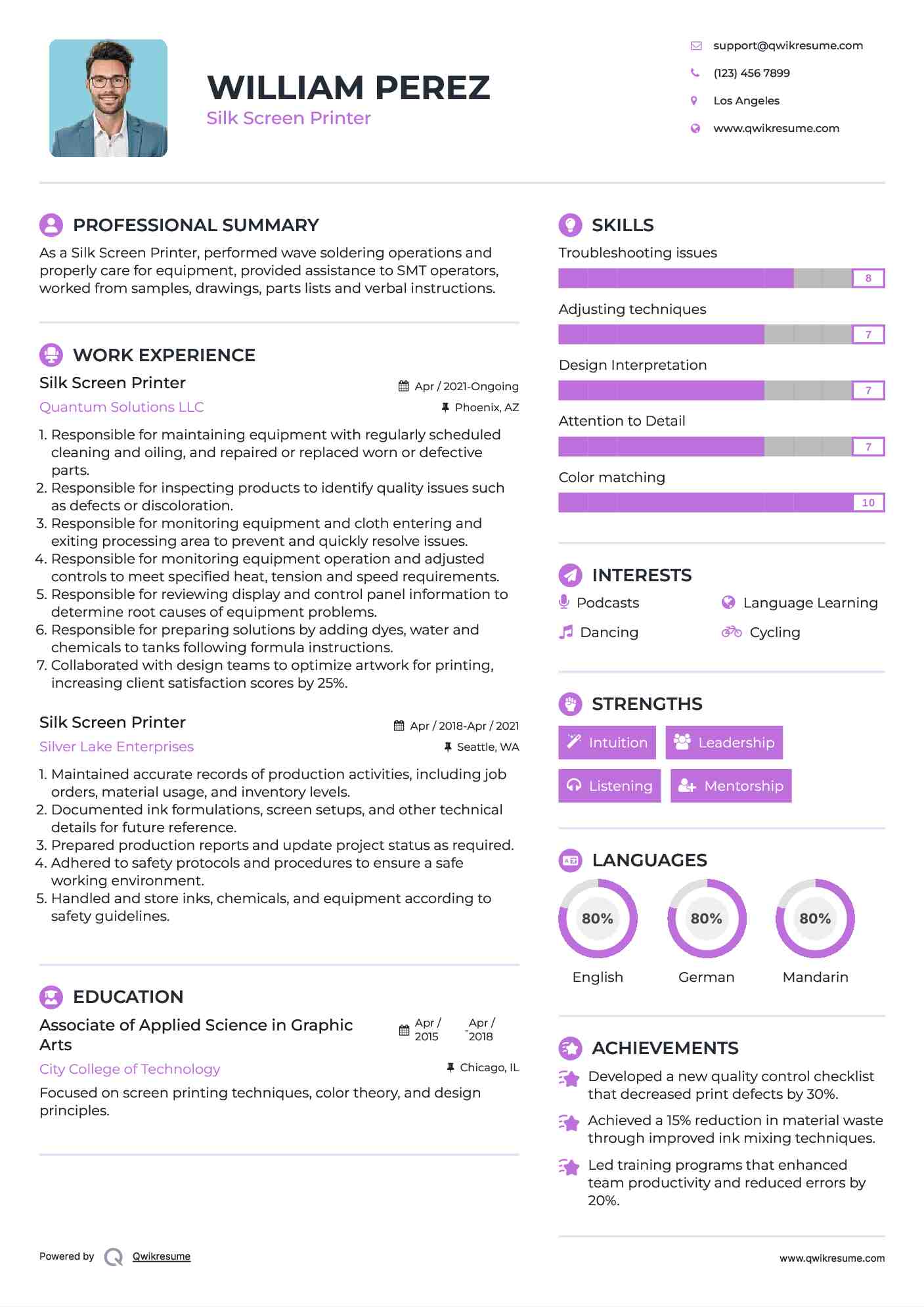 Silk Screen Printer Resume Sample