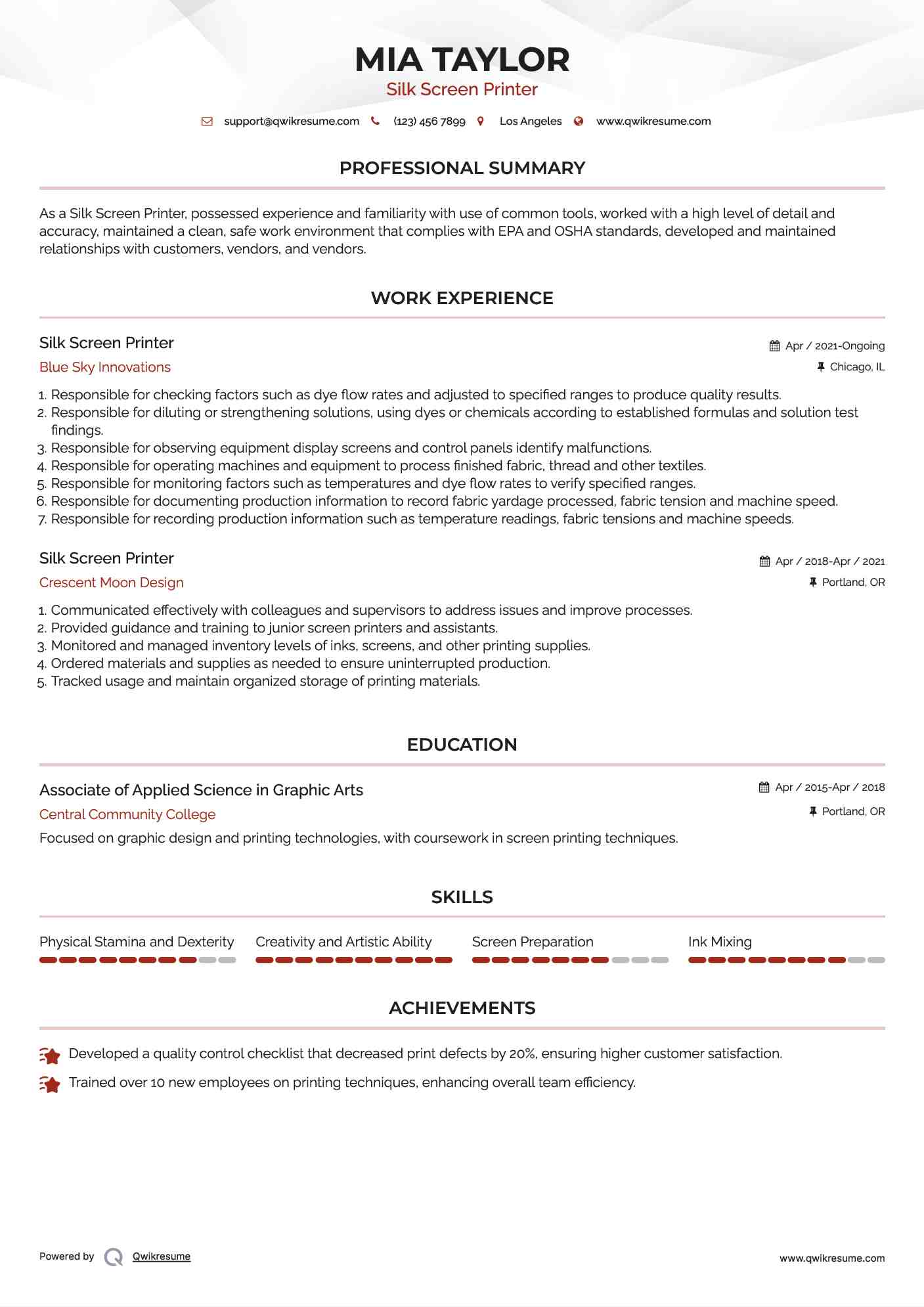 Silk Screen Printer Resume Format