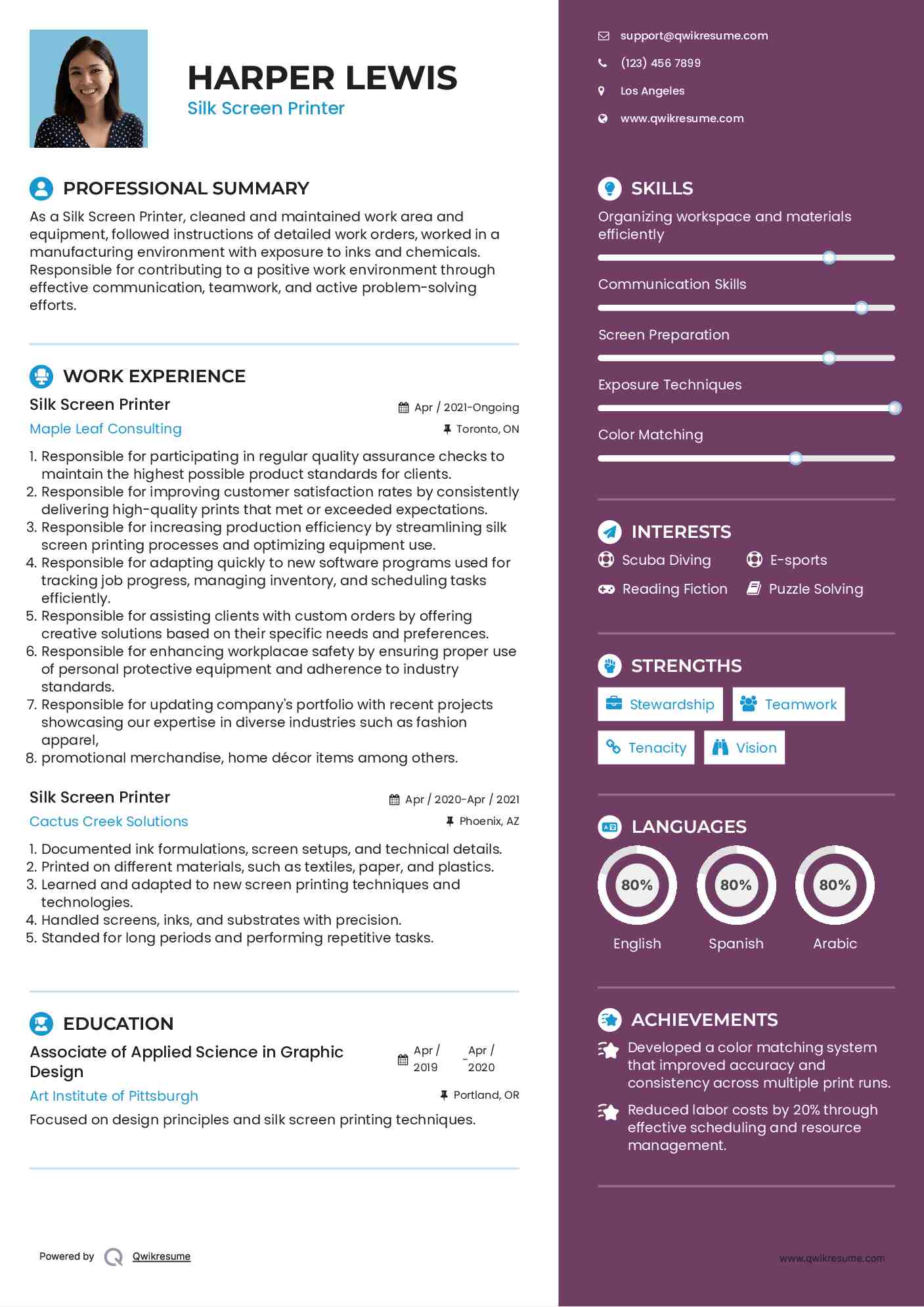 Silk Screen Printer Resume Sample