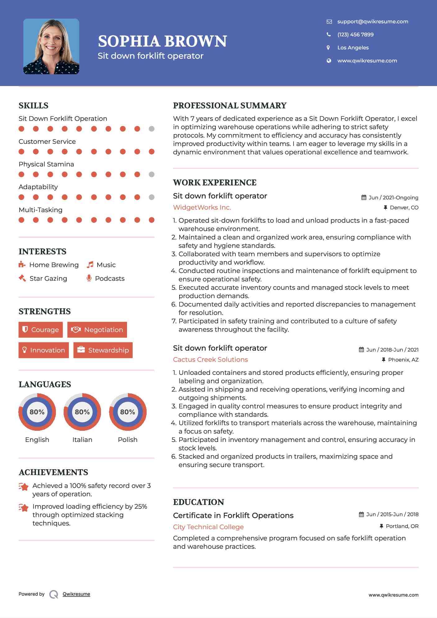 Sit down forklift operator Resume Example