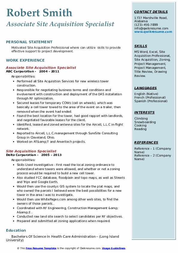 Site Acquisition Specialist Resume Samples QwikResume