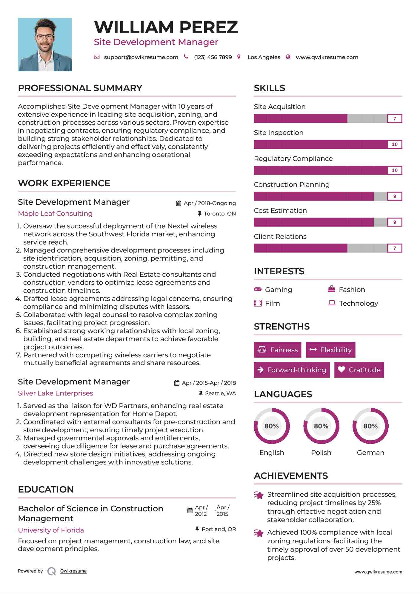 Site Development Manager Resume Example