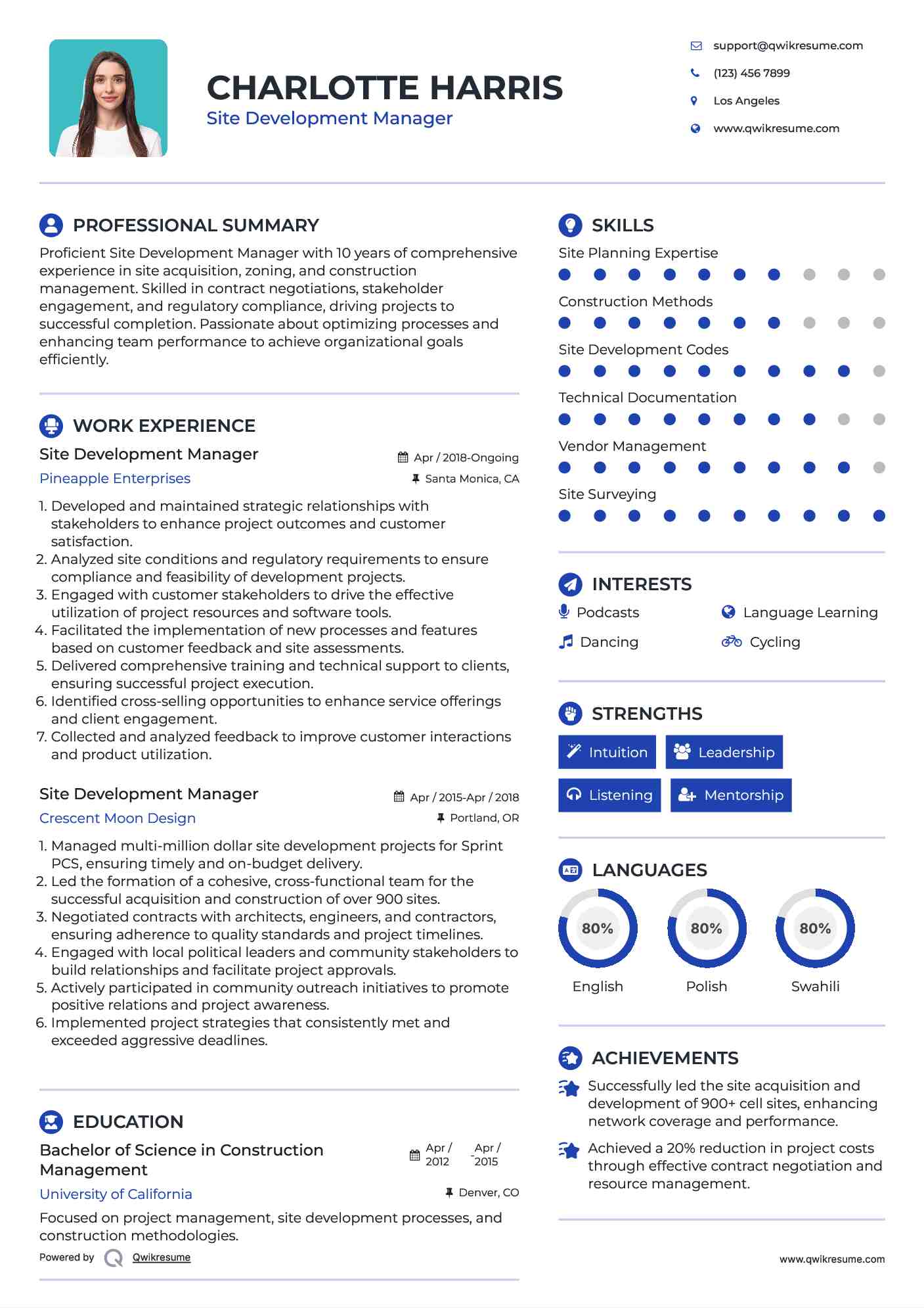 Site Development Manager Resume Model