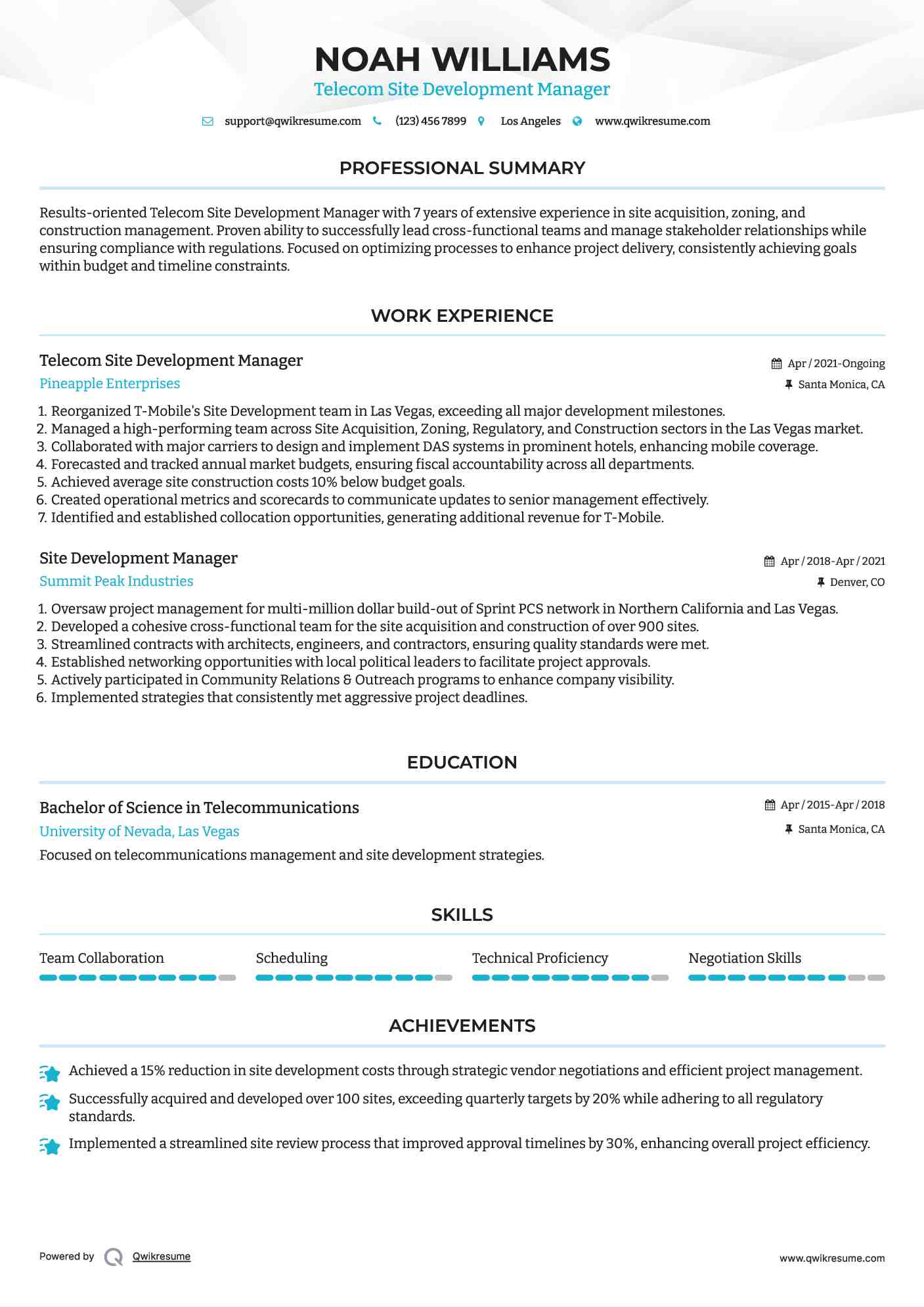 Telecom Site Development Manager
 Resume Sample