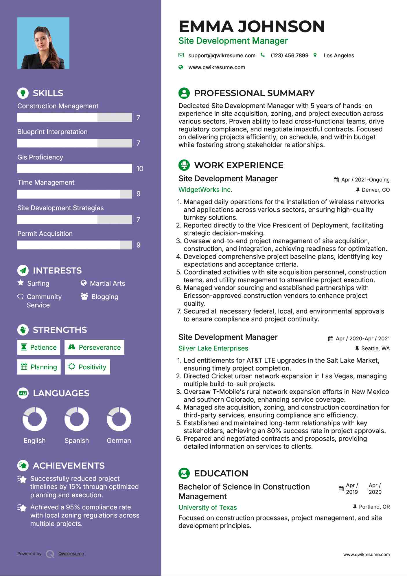 Site Development Manager Resume Sample