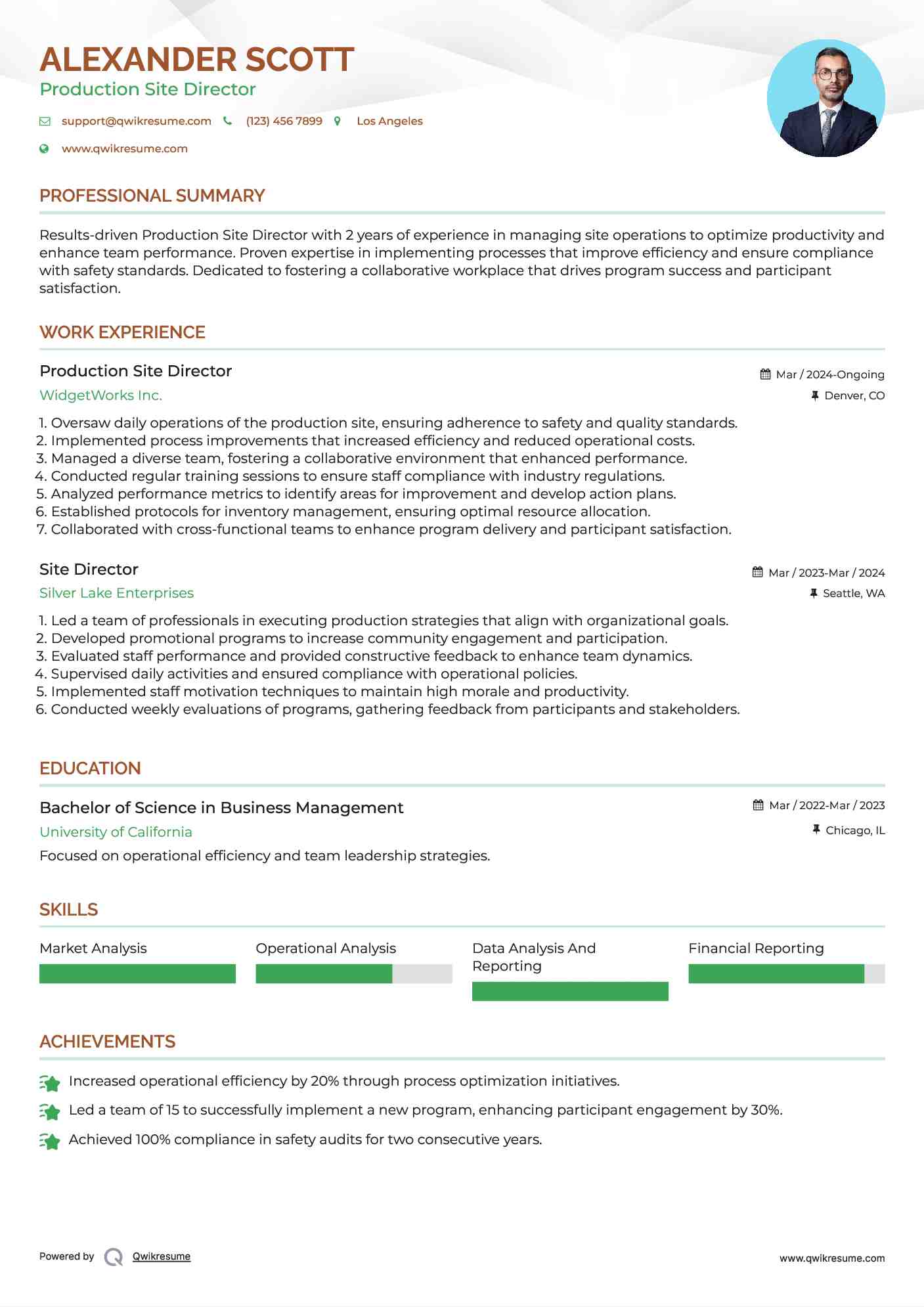 Production Site Director Resume Template