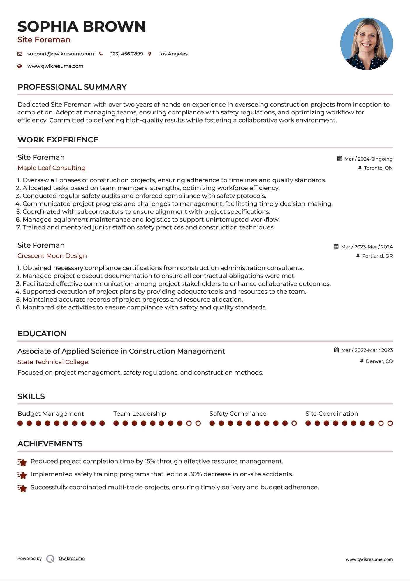 Site Foreman Resume Model