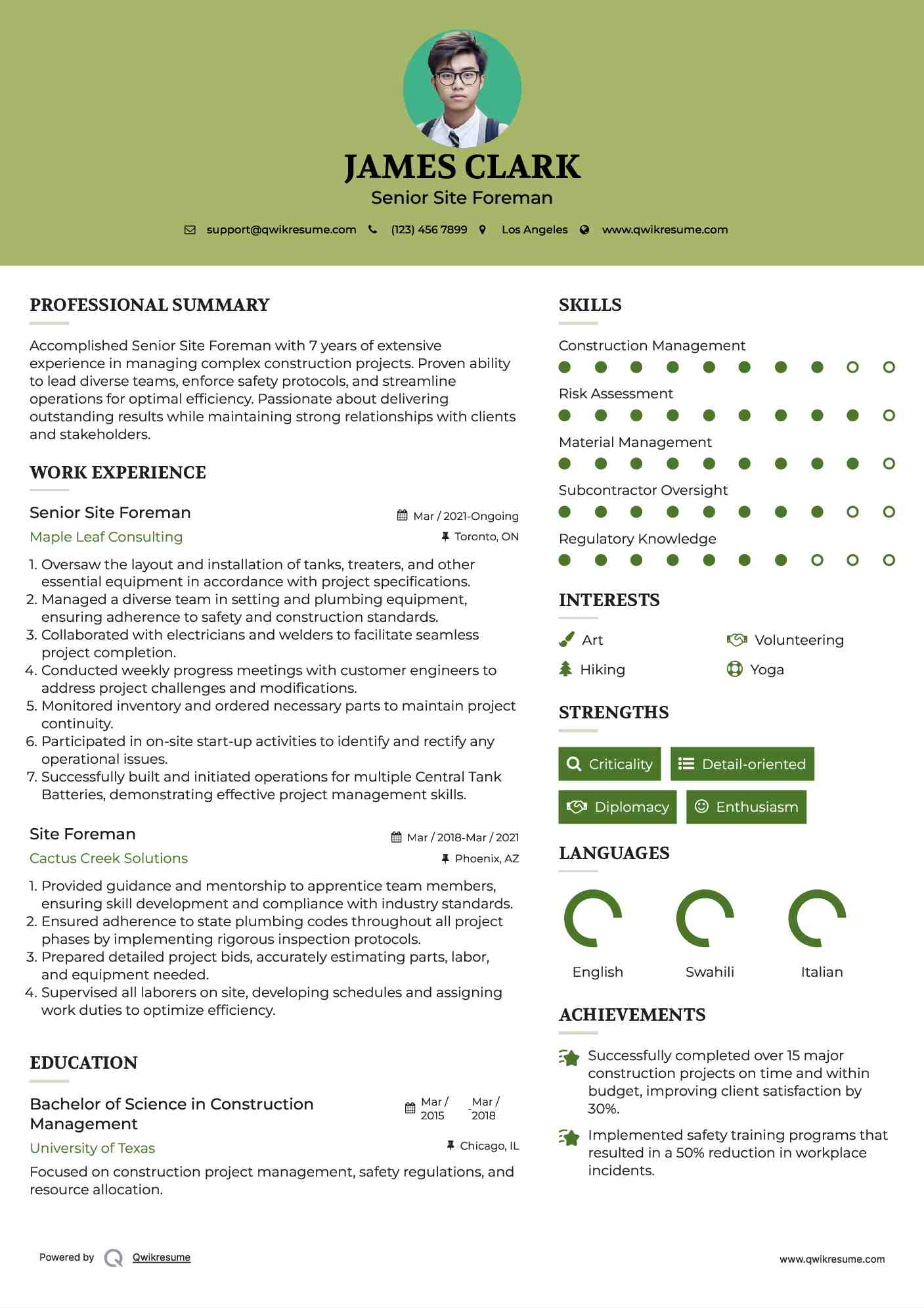 Senior Site Foreman Resume Model