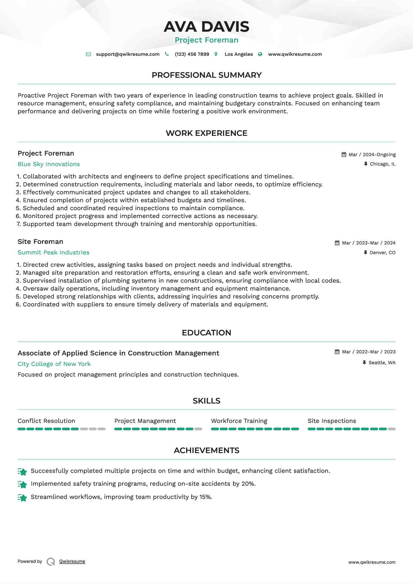 Project Foreman Resume Format