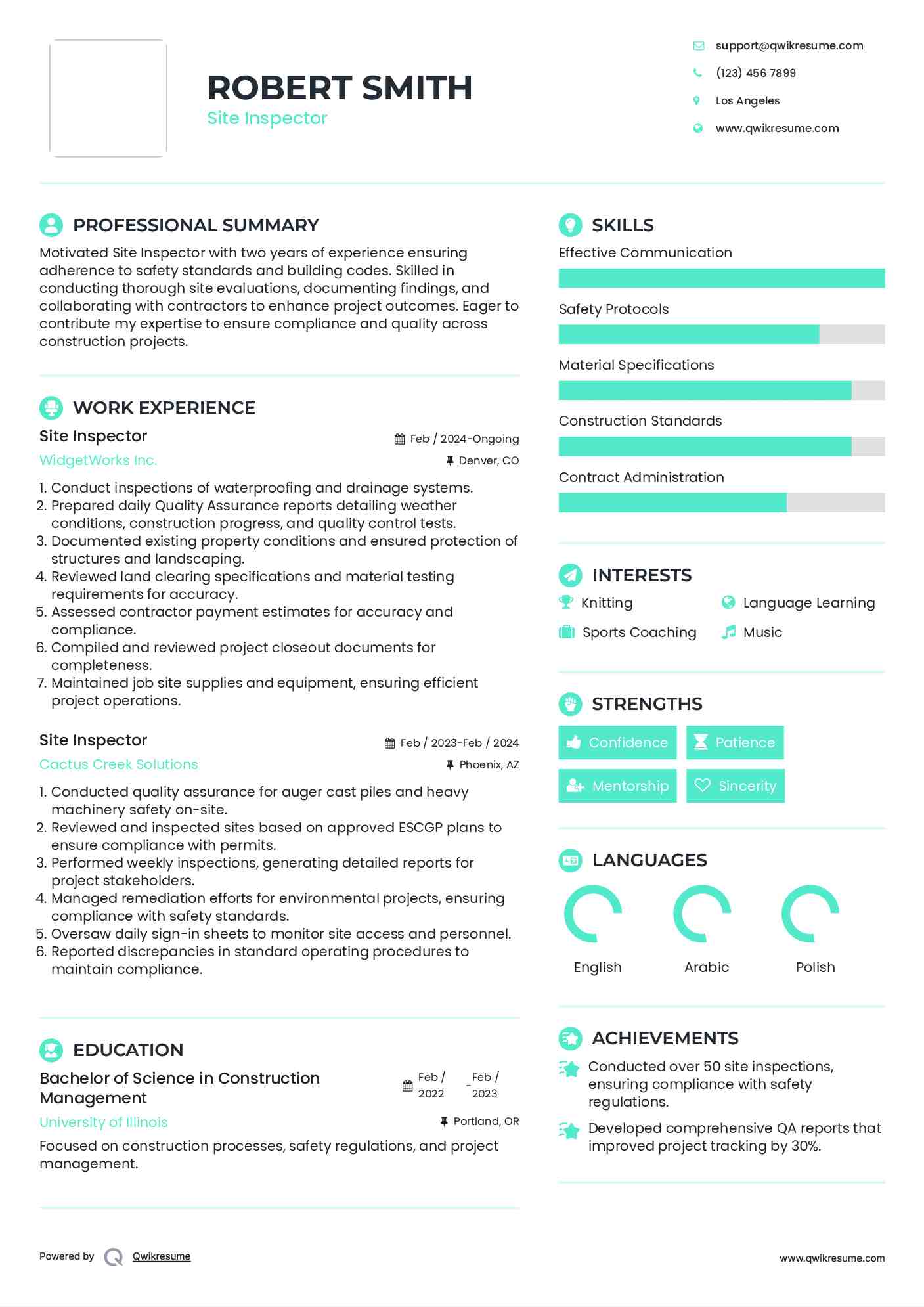Site Inspector Resume Example