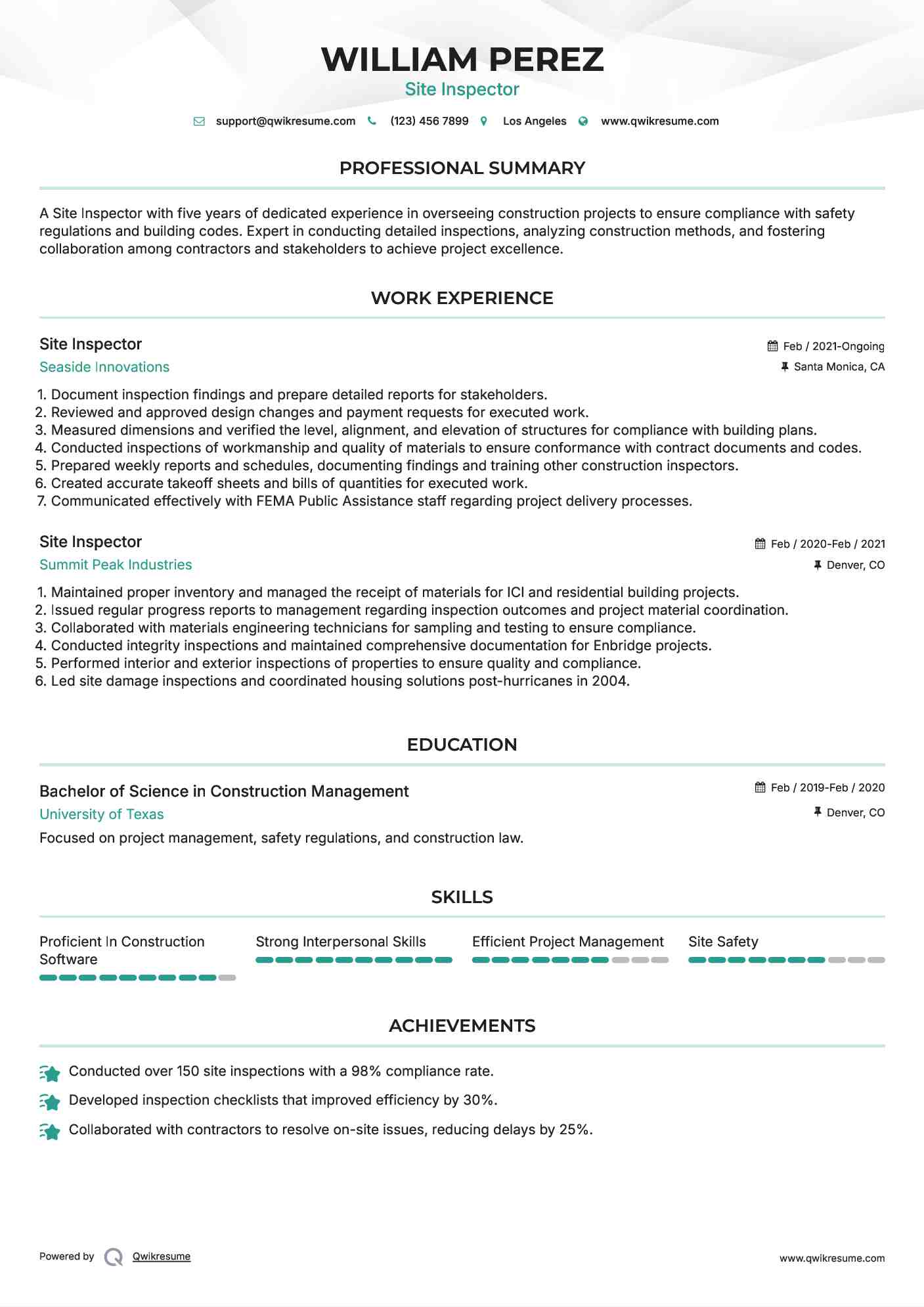 Site Inspector Resume Sample