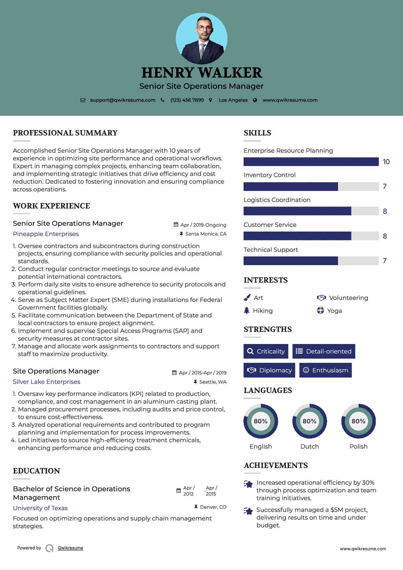Senior Site Operations Manager Resume Sample