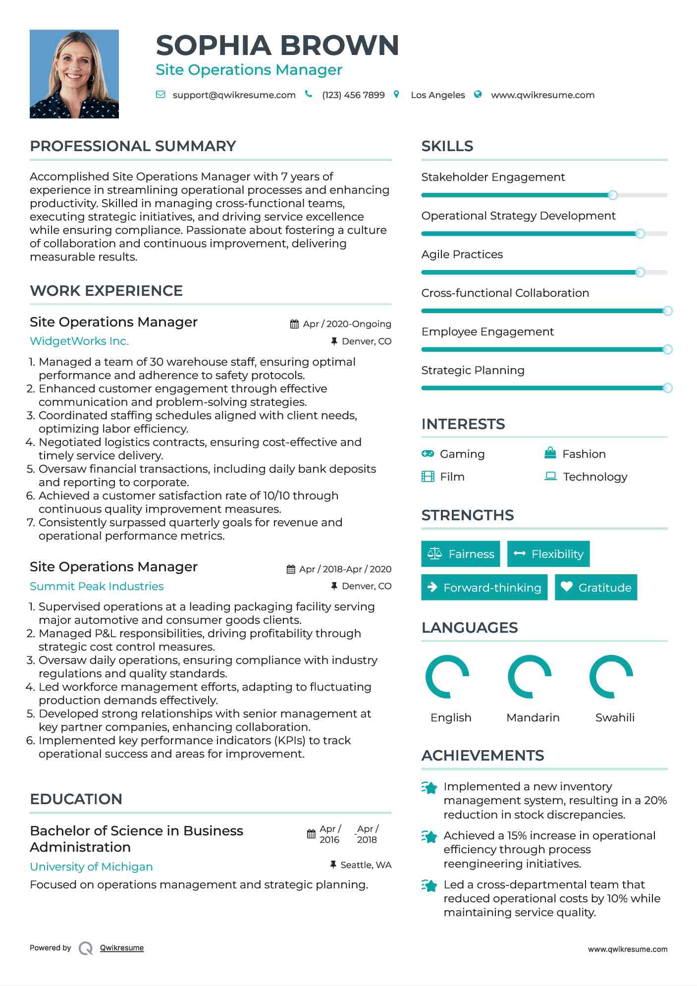 Site Operations Manager Resume Sample