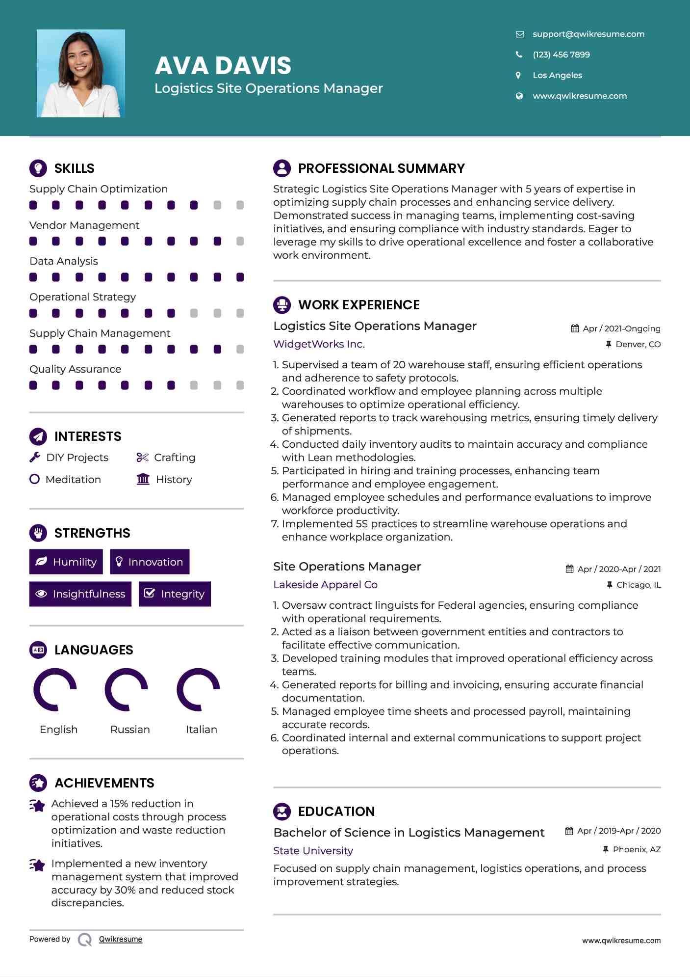 Logistics Site Operations Manager Resume Format