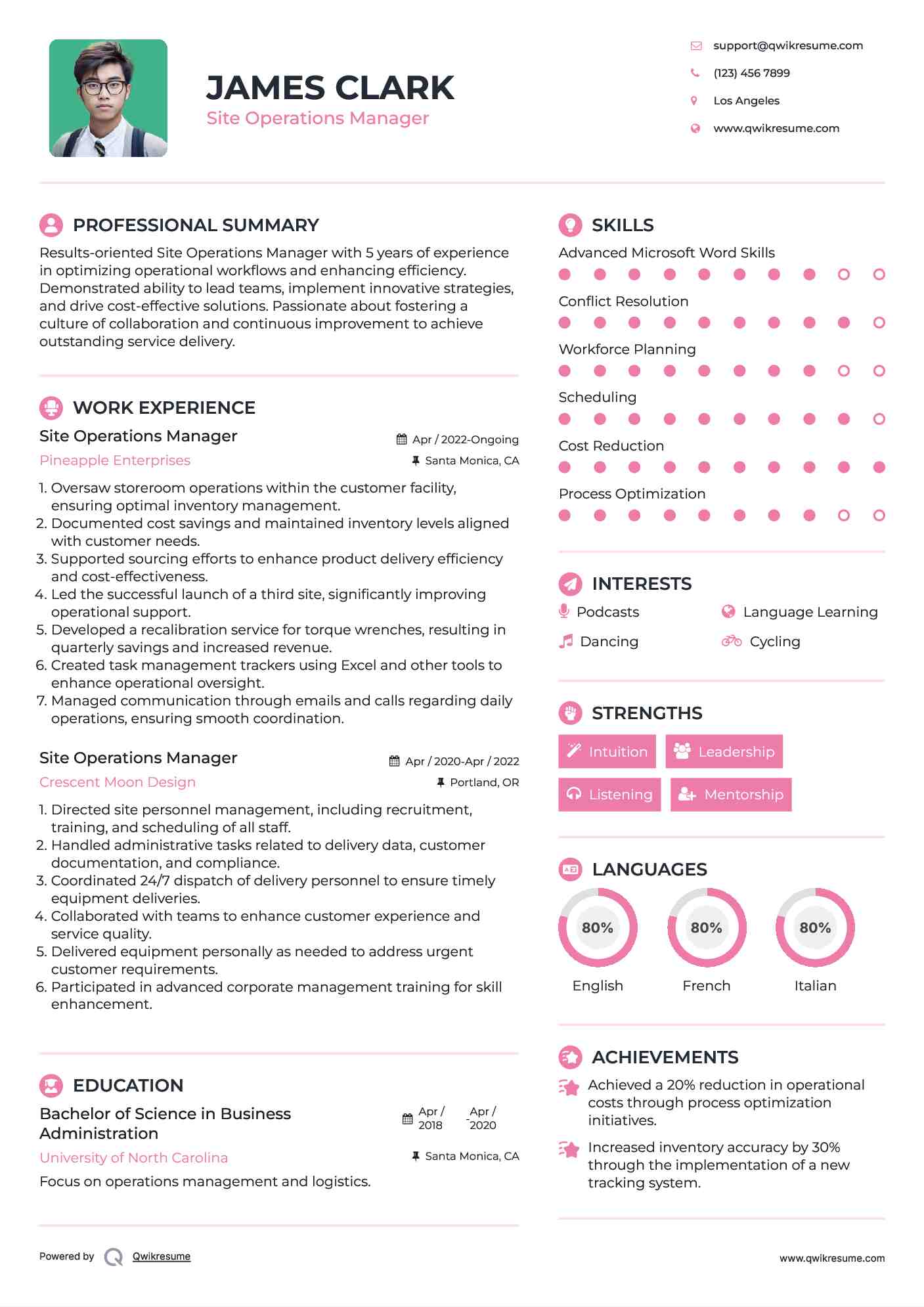 Site Operations Manager Resume Example