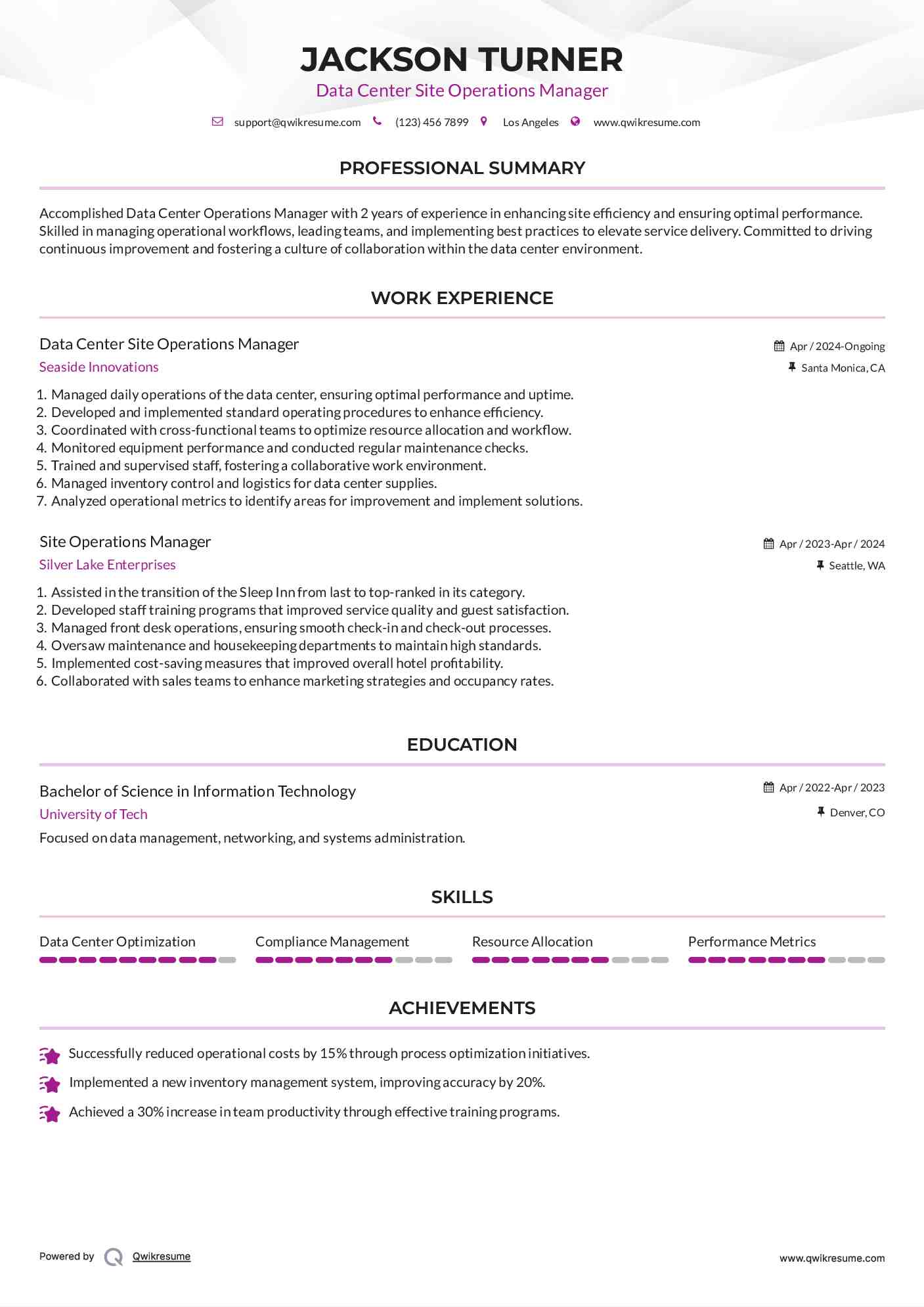 Data Center Site Operations Manager Resume Format