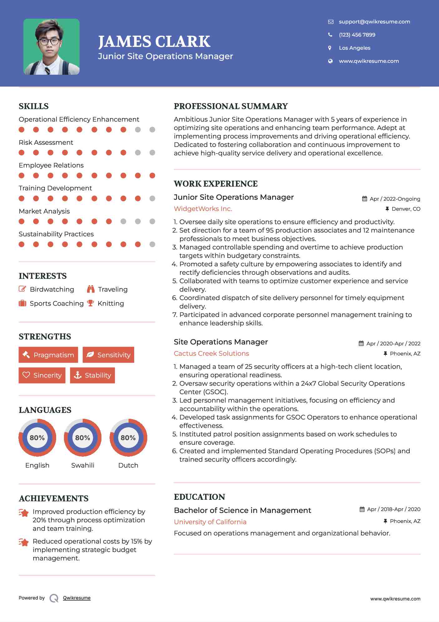 Junior Site Operations Manager Resume Example