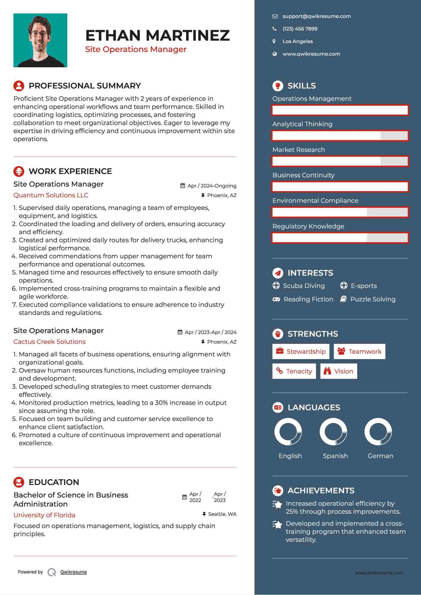 Site Operations Manager Resume Sample