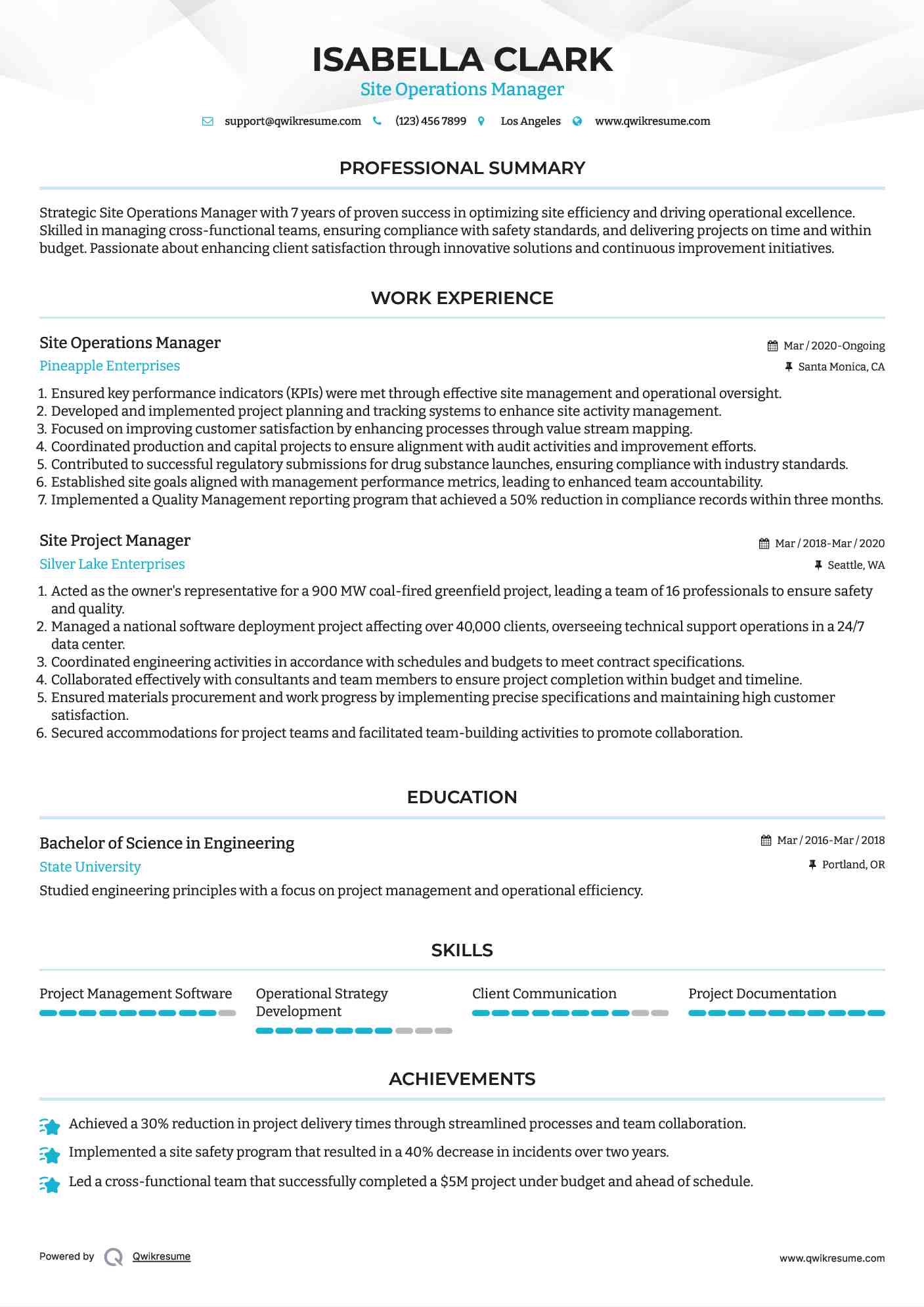 Site Operations Manager Resume Example