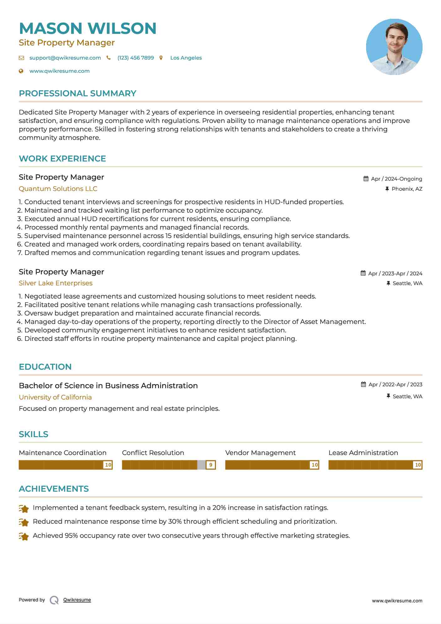 Site Property Manager Resume Sample