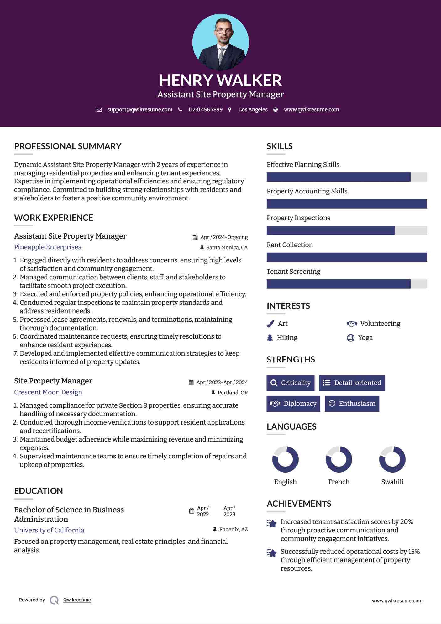 Assistant Site Property Manager Resume Example