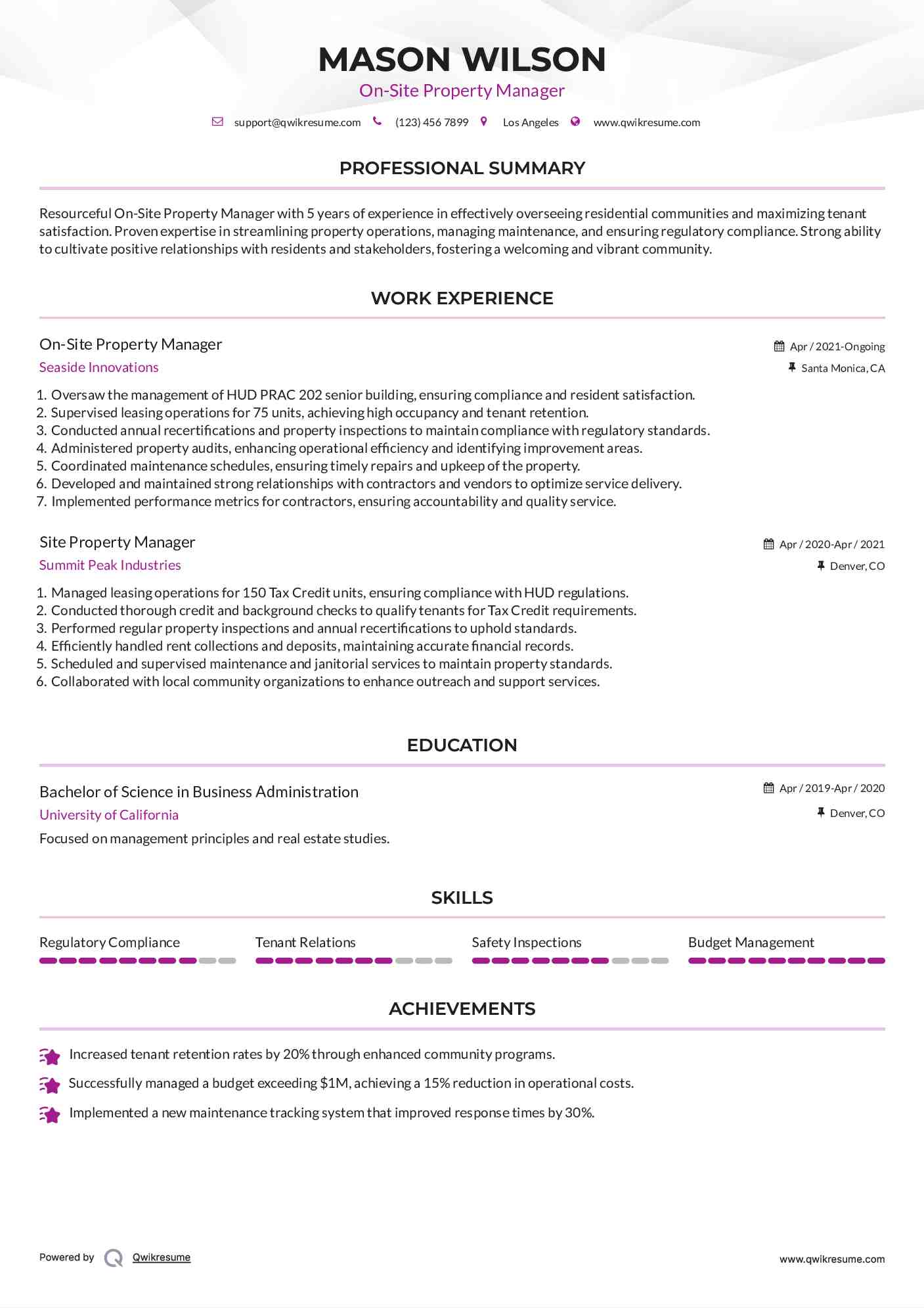 On-Site Property Manager
 Resume Format