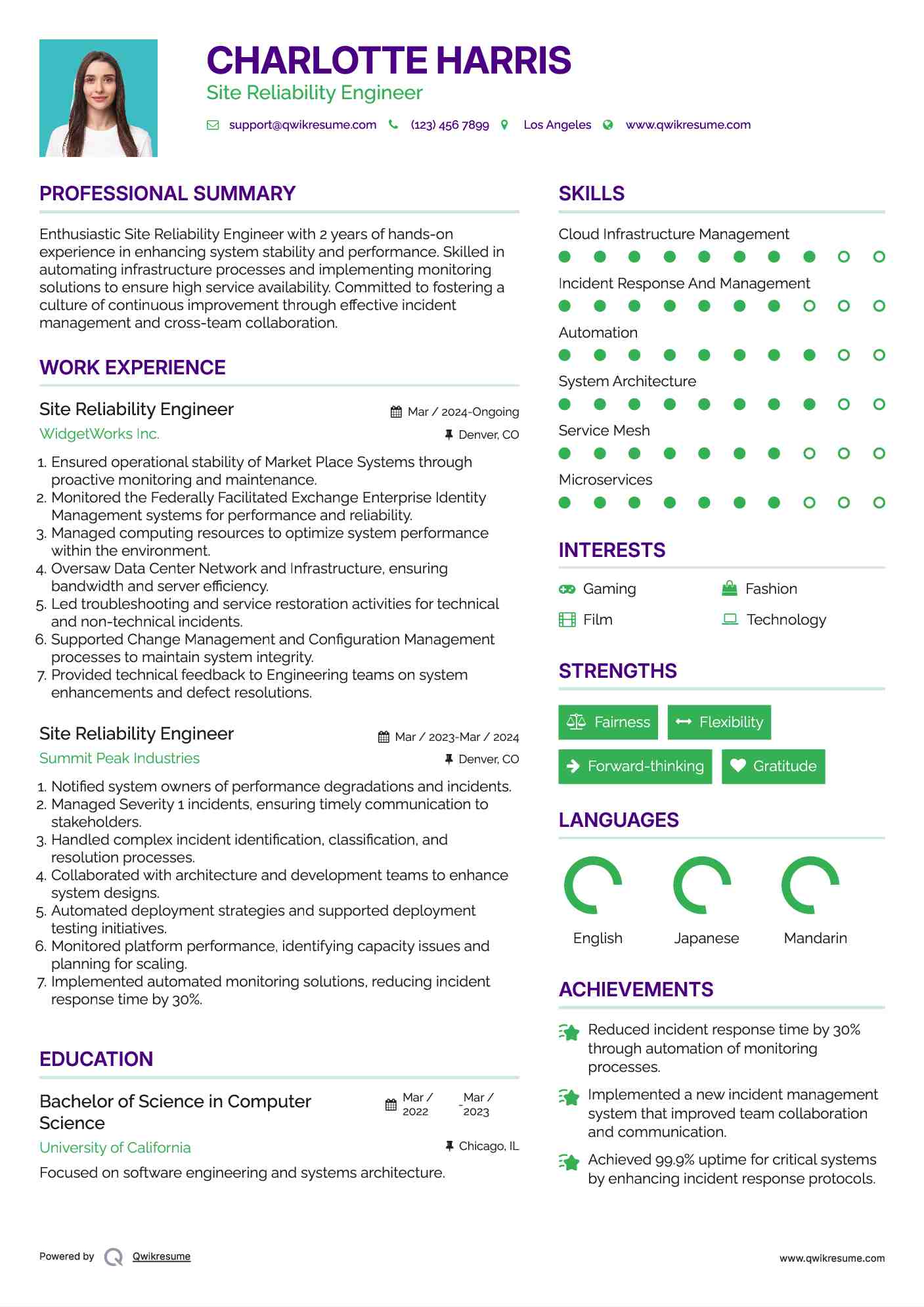 Site Reliability Engineer Resume Format