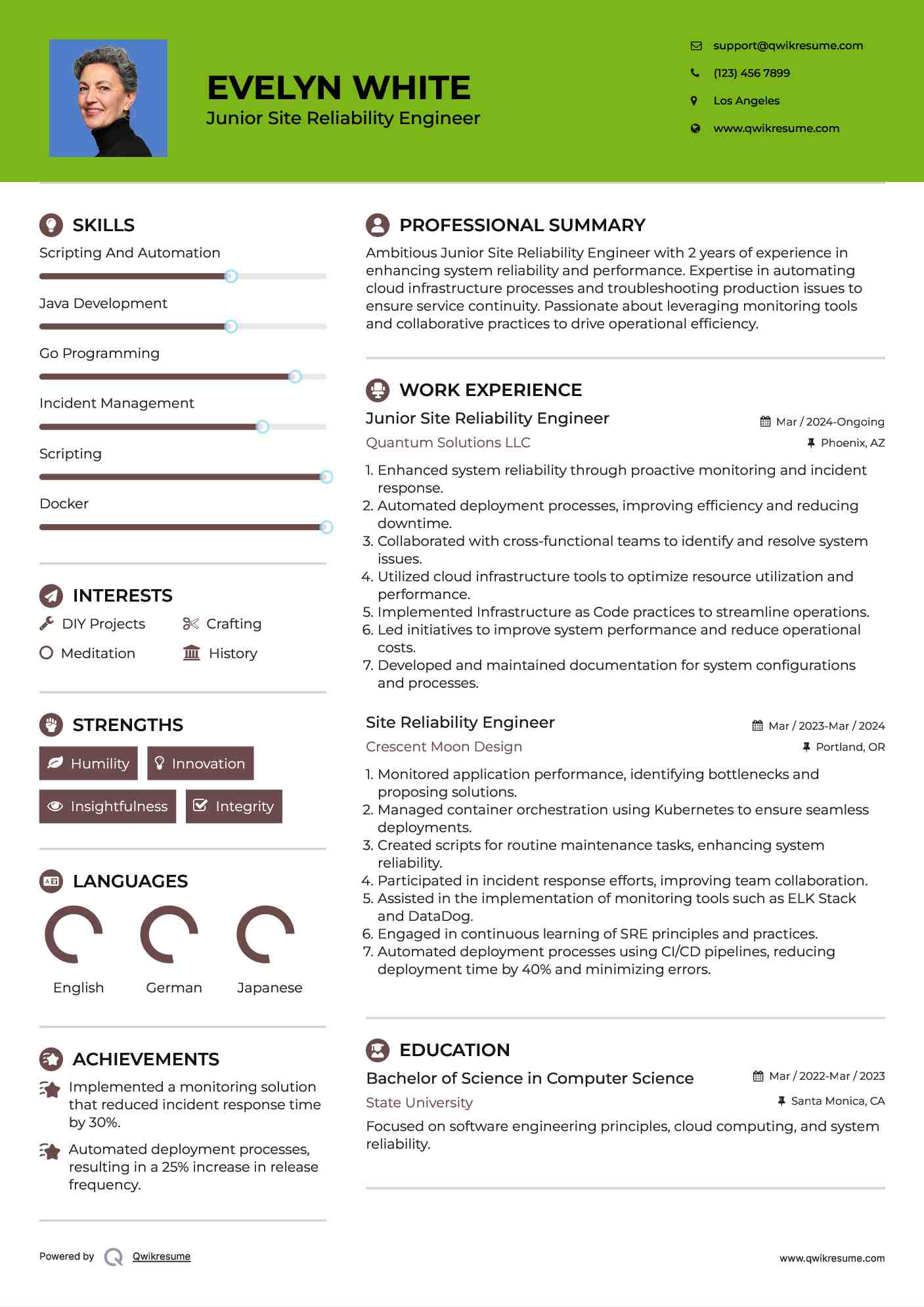 Junior Site Reliability Engineer Resume Sample