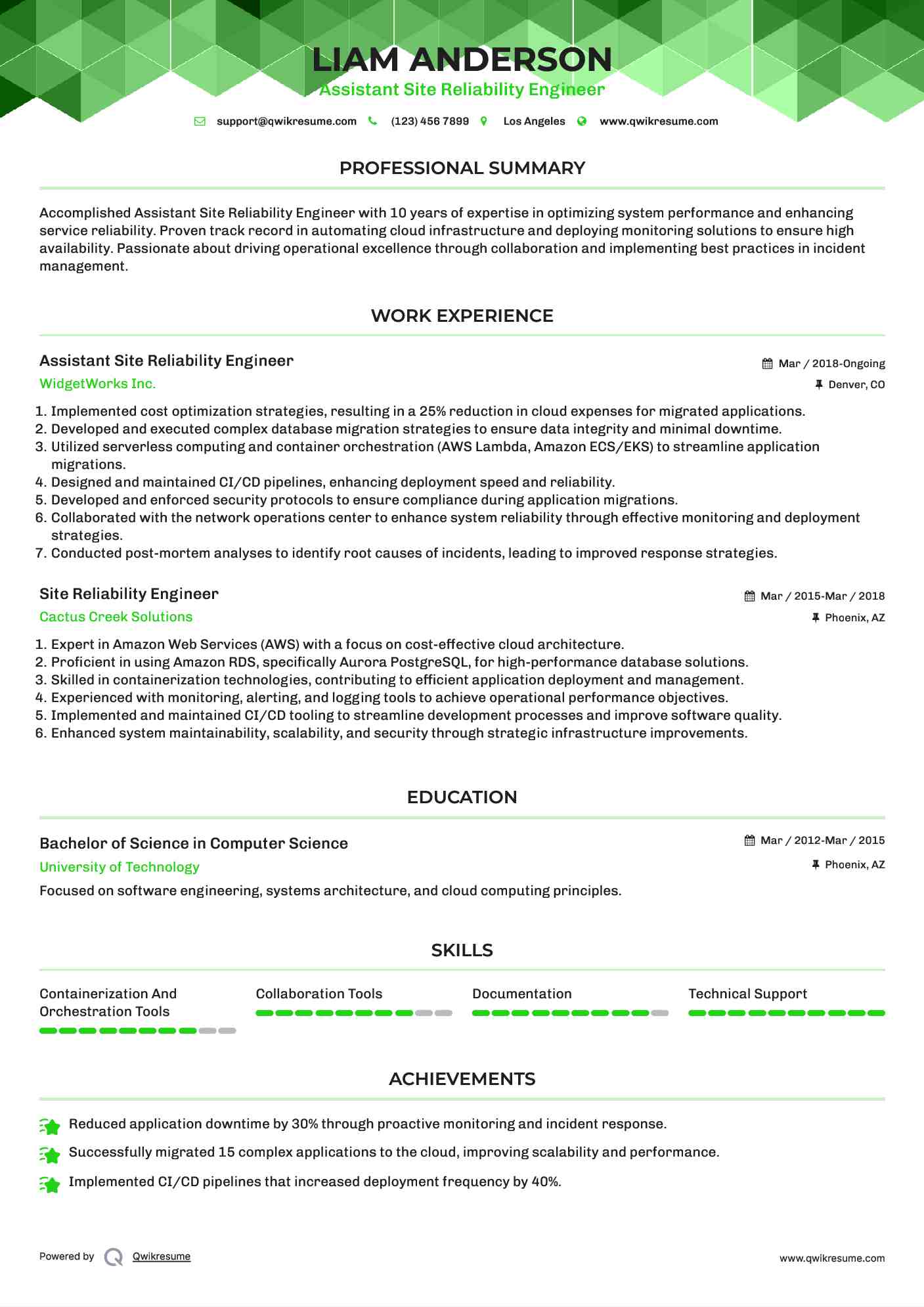 Assistant Site Reliability Engineer Resume Template
