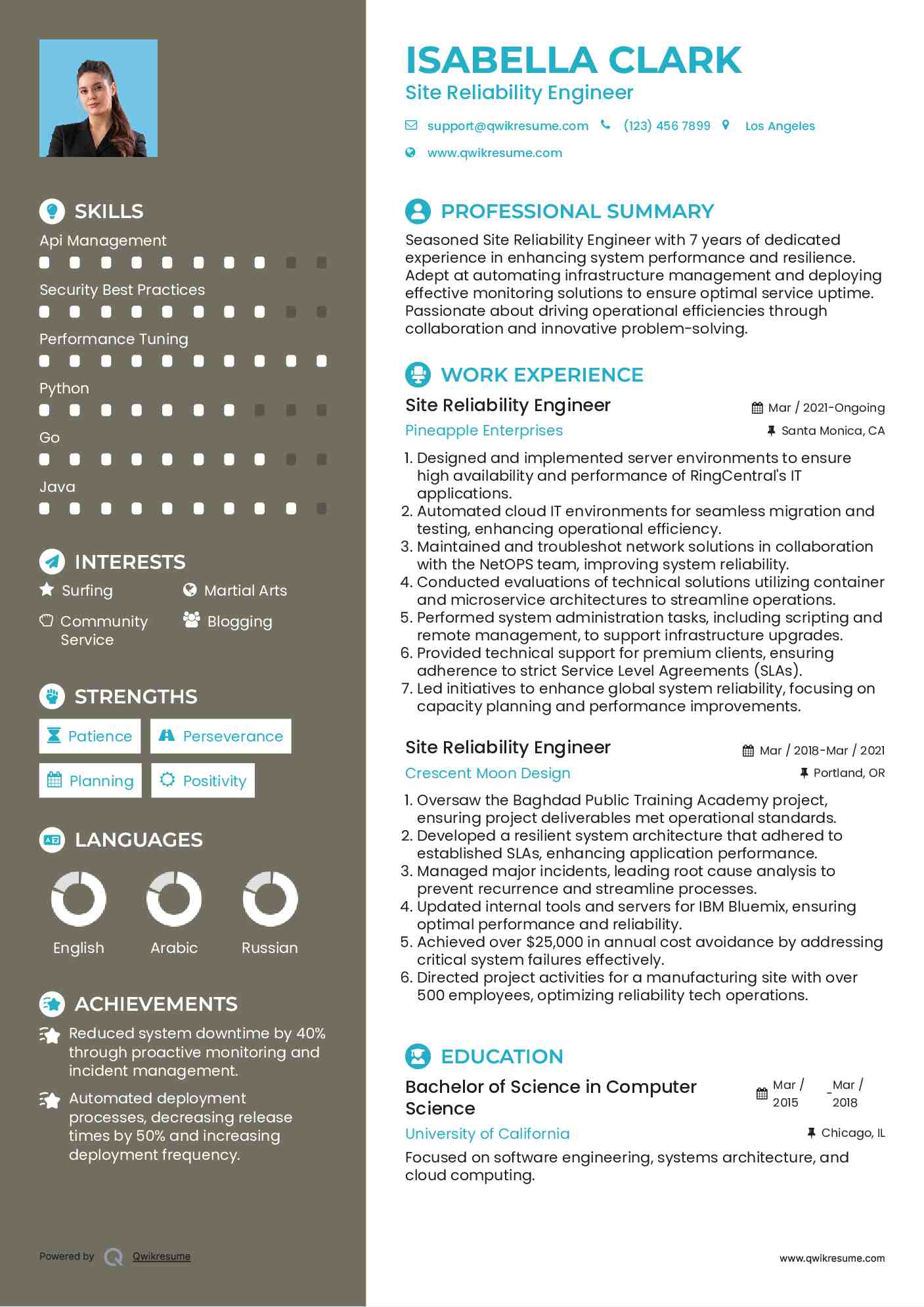 Site Reliability Engineer Resume Template