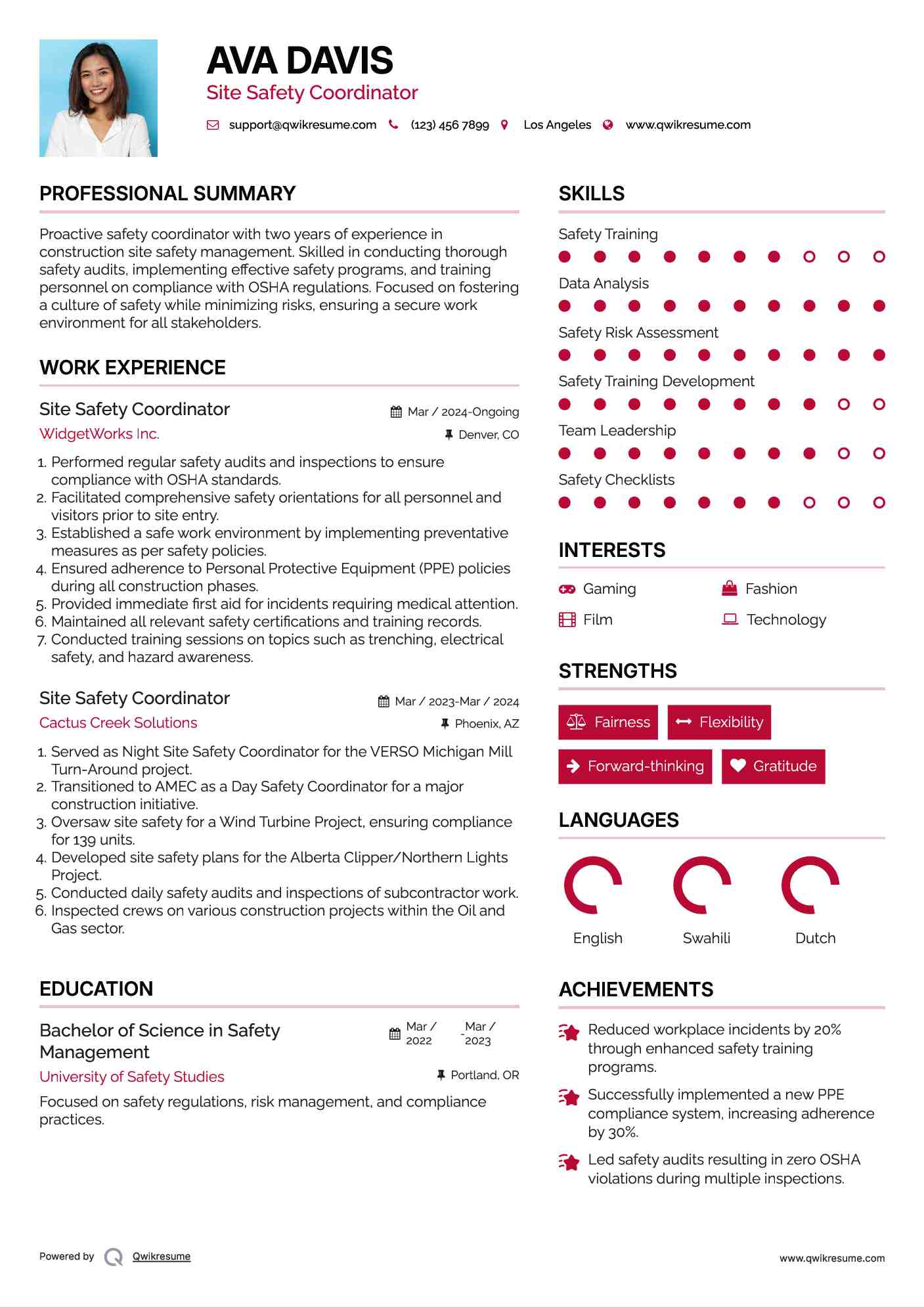 Site Safety Coordinator Resume Sample