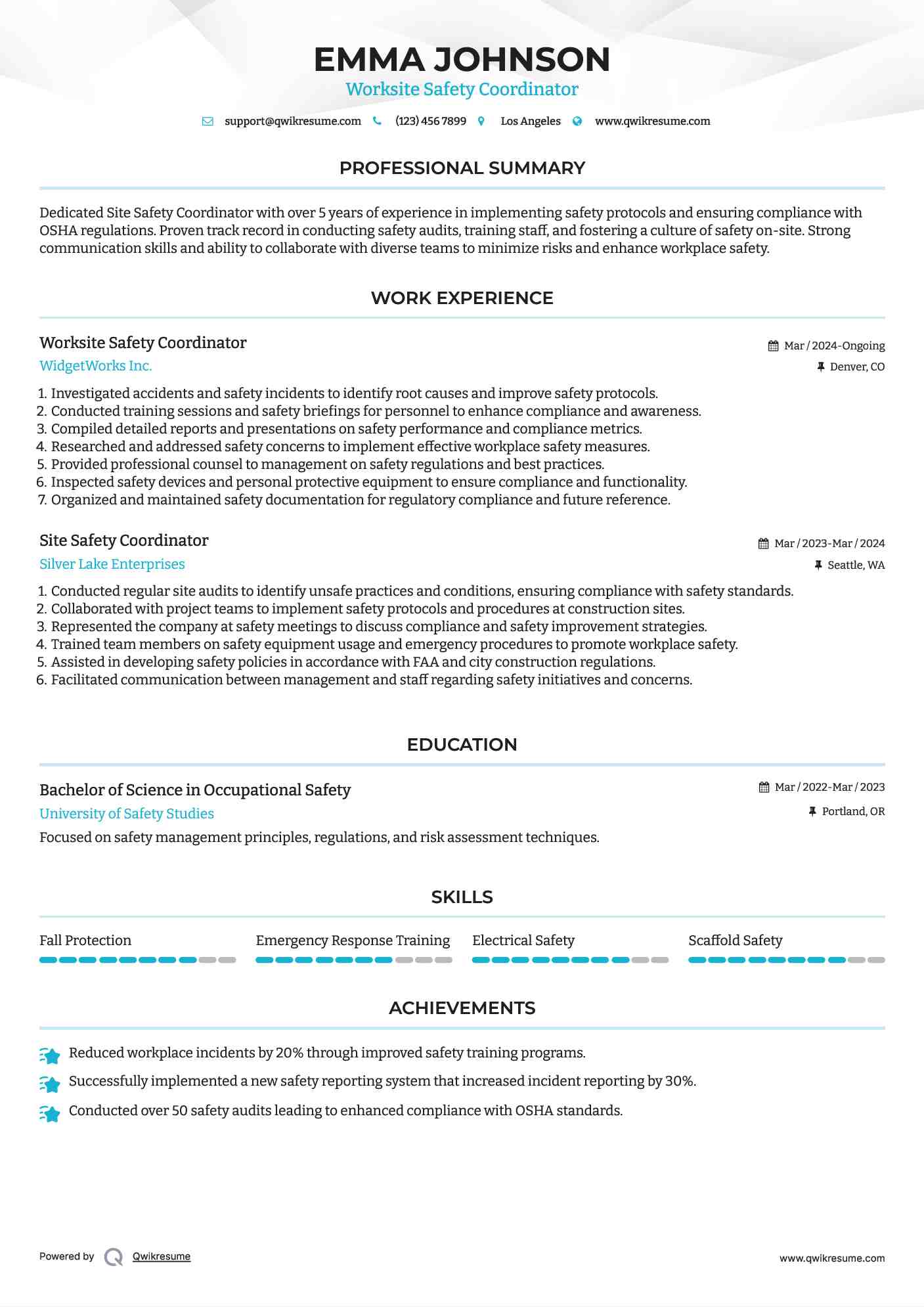 Worksite Safety Coordinator Resume Model