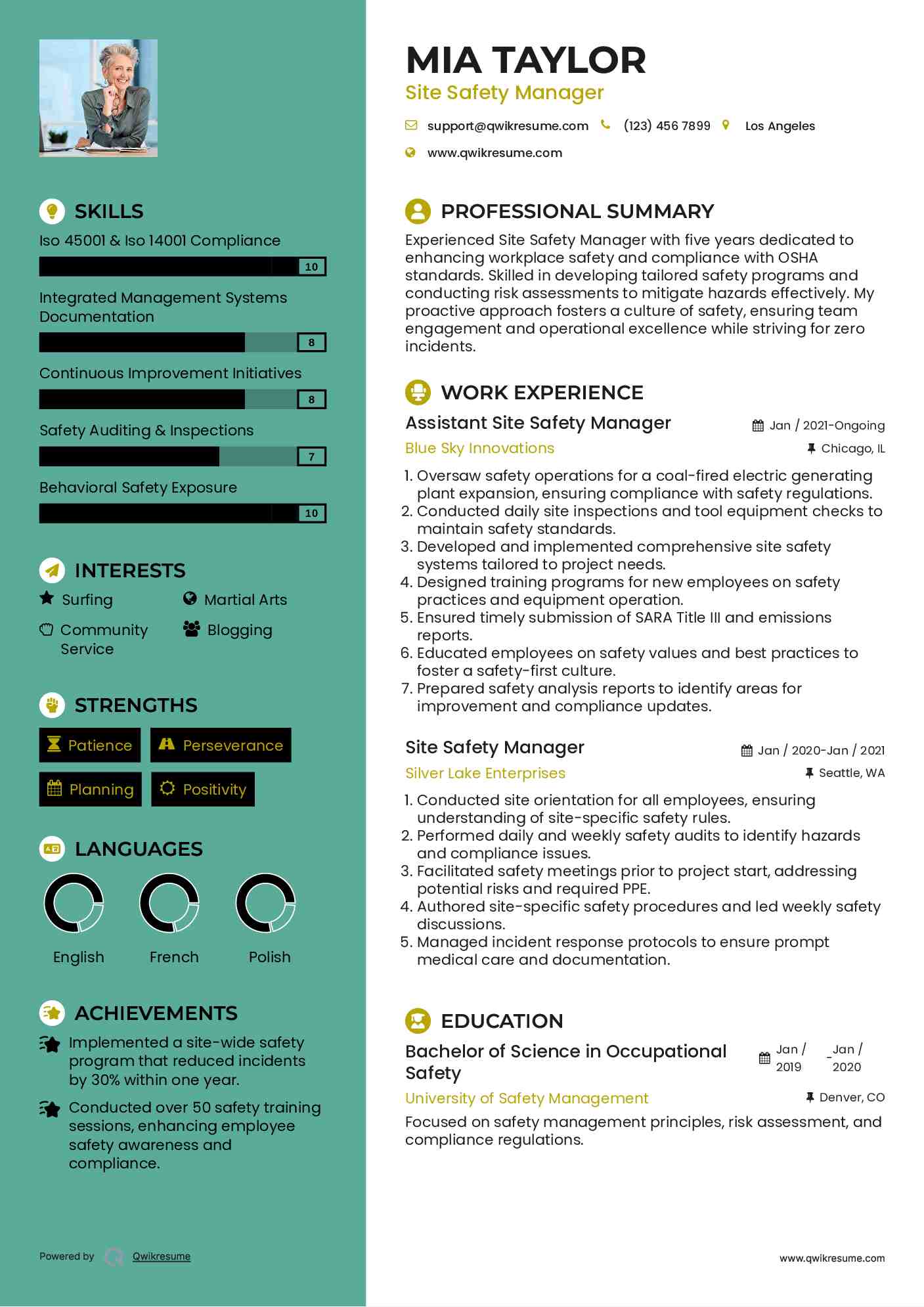 Assistant Site Safety Manager Resume Model