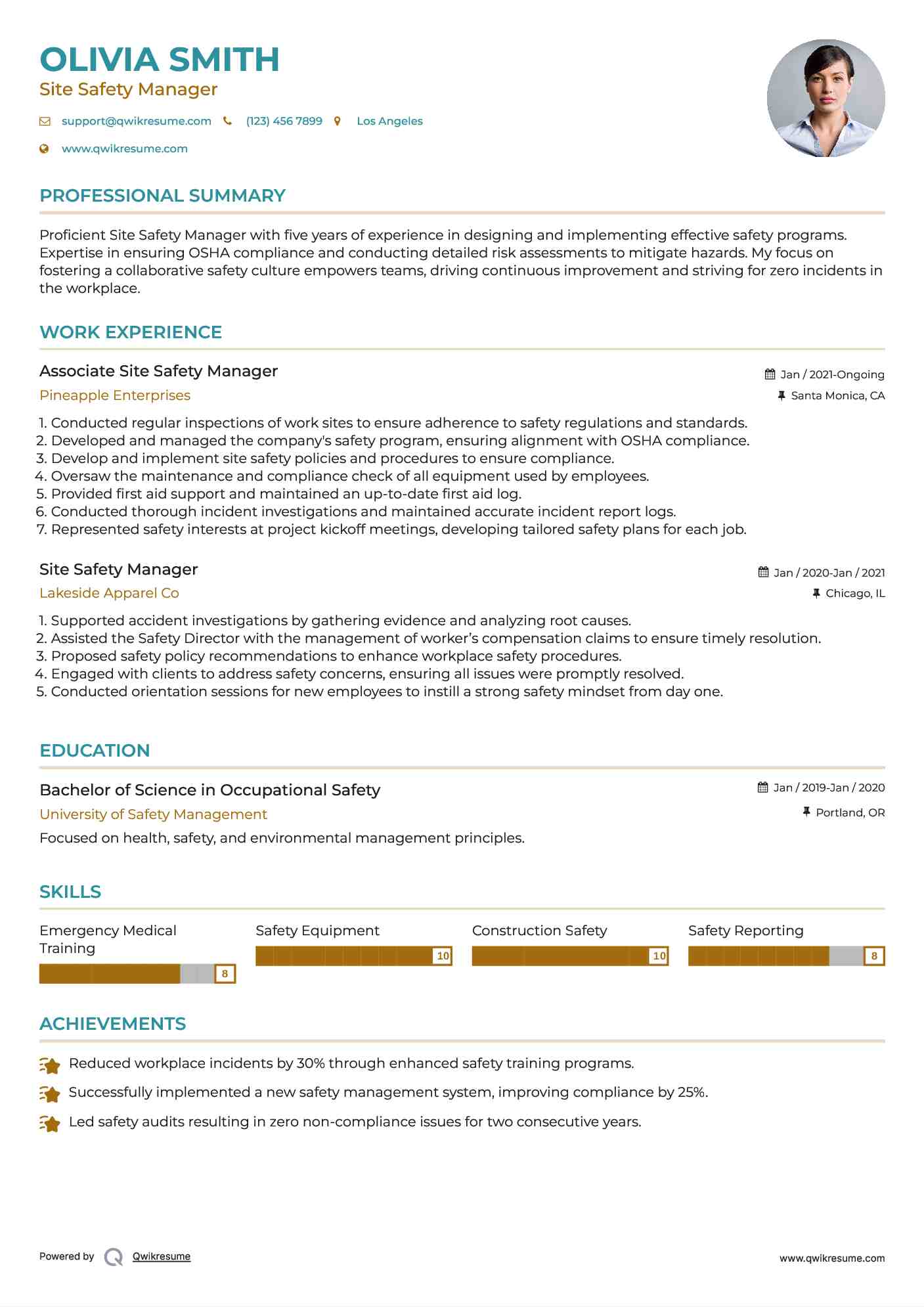 Associate Site Safety Manager Resume Format
