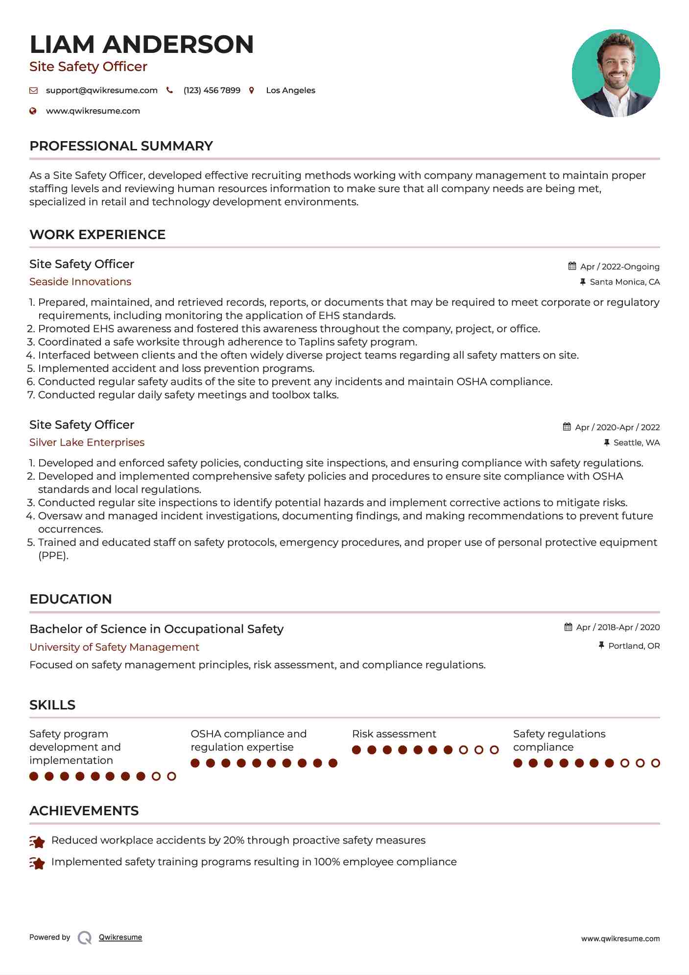 Site Safety Officer Resume Example