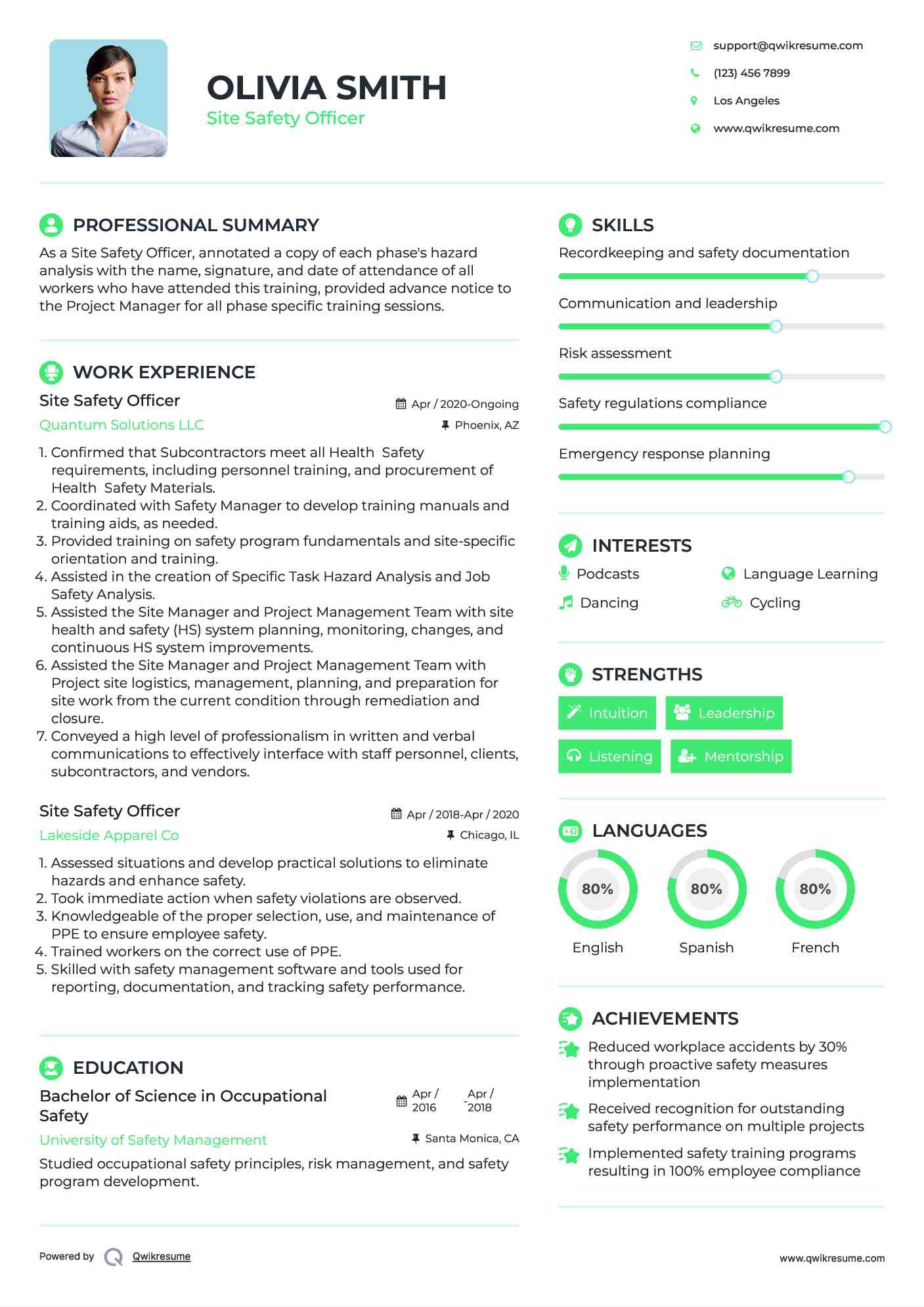 Site Safety Officer Resume Sample